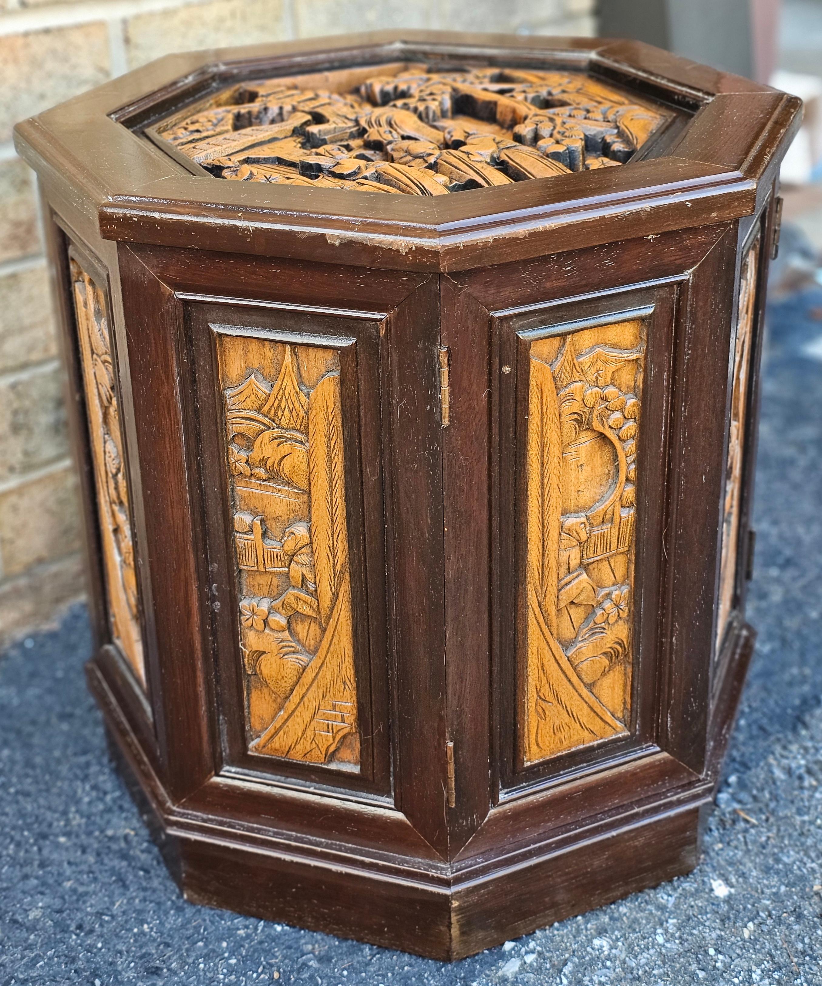 Southeast Asian All-Sides Carved Fruitwood Octogonal Side Table Cabinet In Good Condition For Sale In Germantown, MD