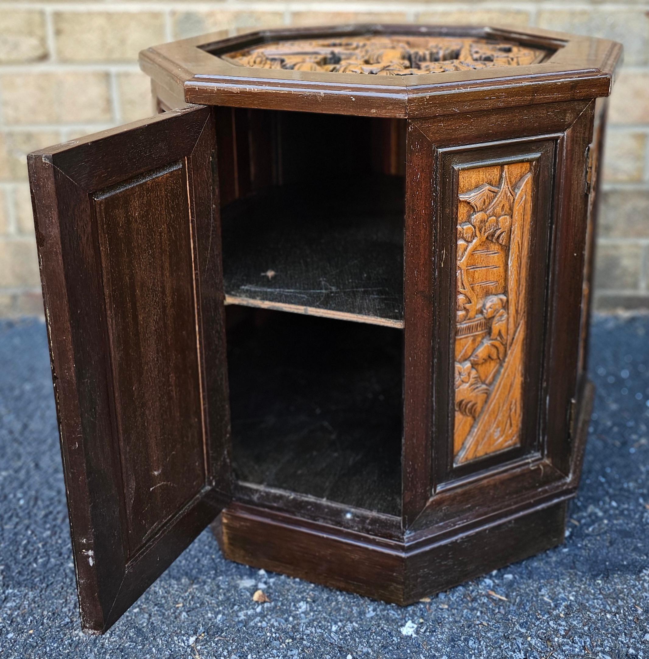 Southeast Asian All-Sides Carved Fruitwood Octogonal Side Table Cabinet For Sale 2