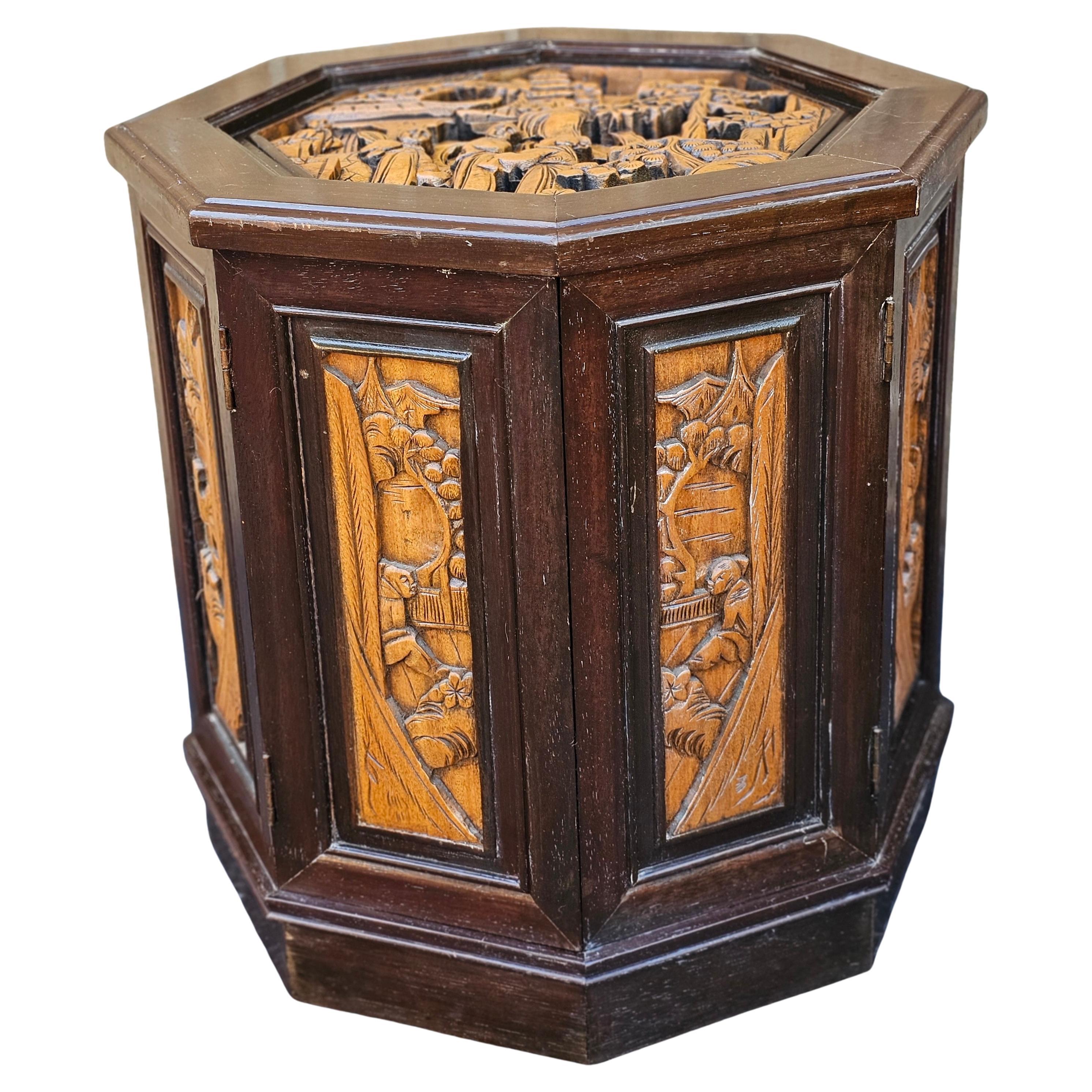 Southeast Asian All-Sides Carved Fruitwood Octogonal Side Table Cabinet