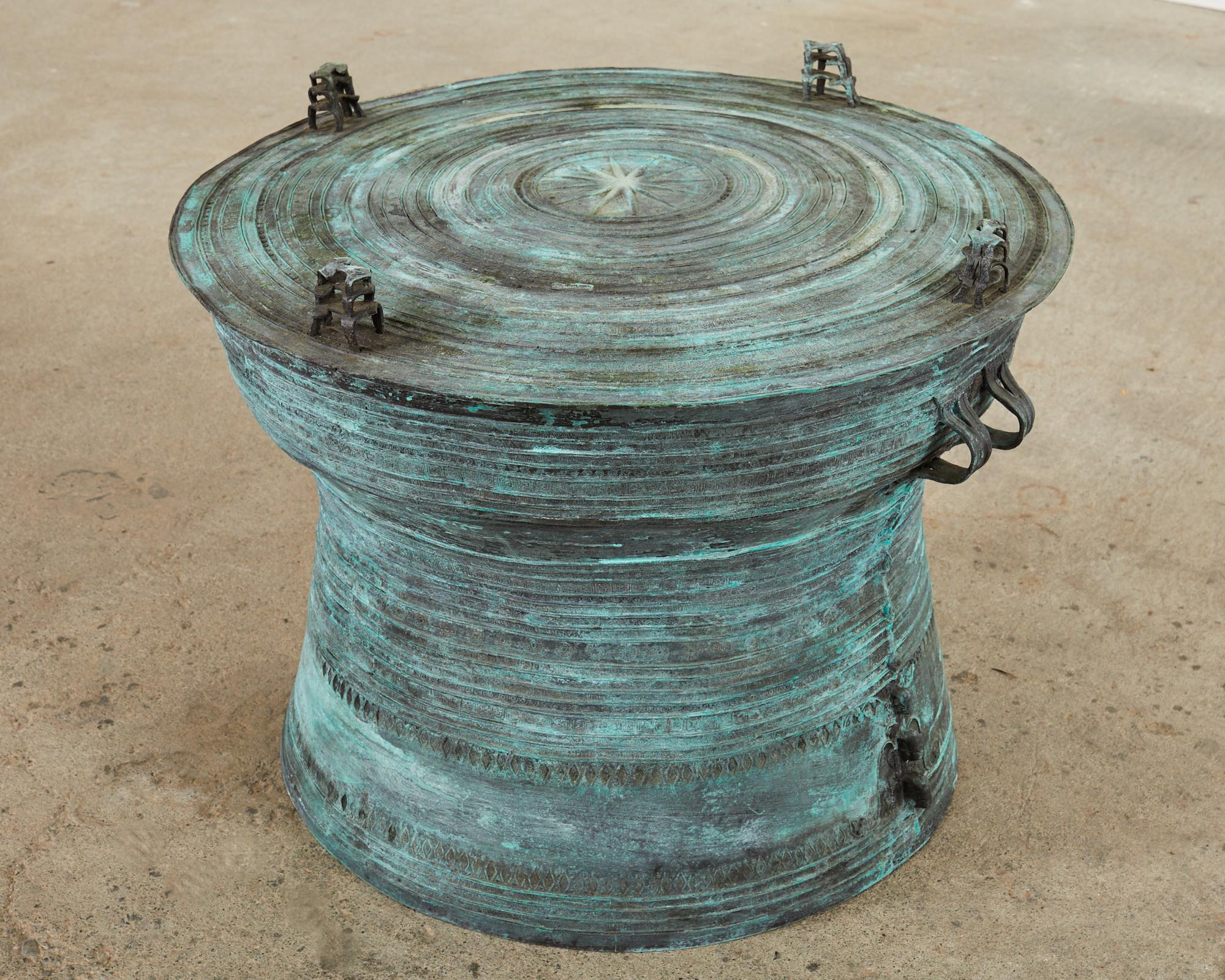 Southeast Asian Bronze Rain Drum Drink Table with Verdigris 3