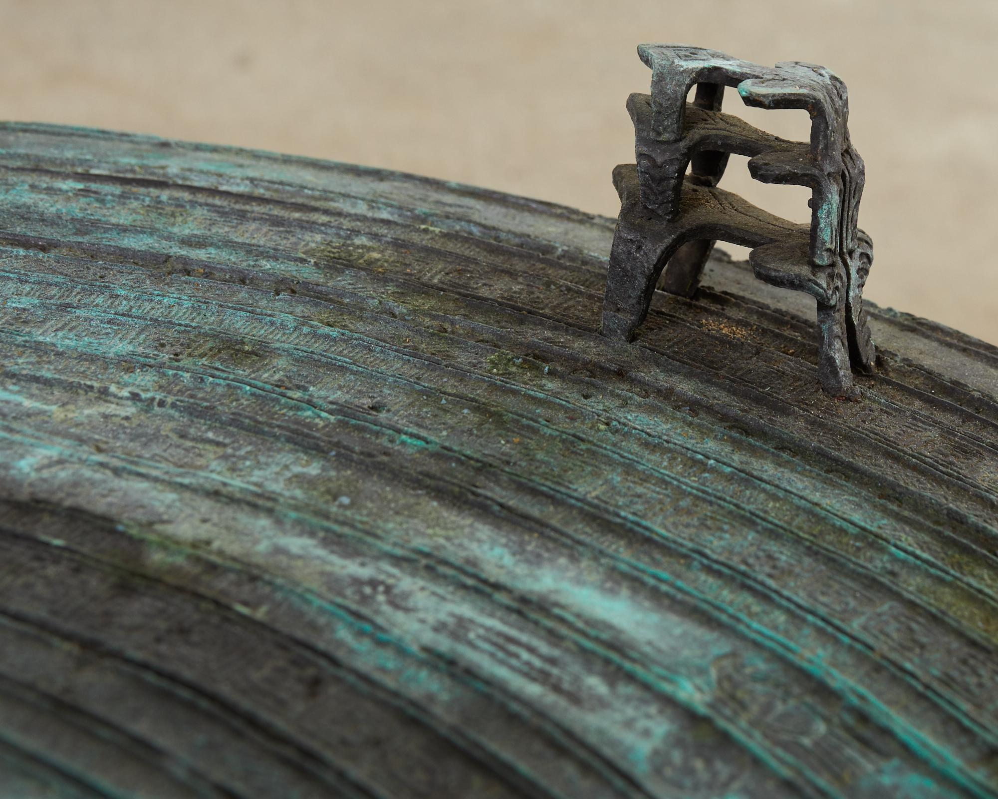 Hand-Crafted Southeast Asian Bronze Rain Drum Drink Table with Verdigris