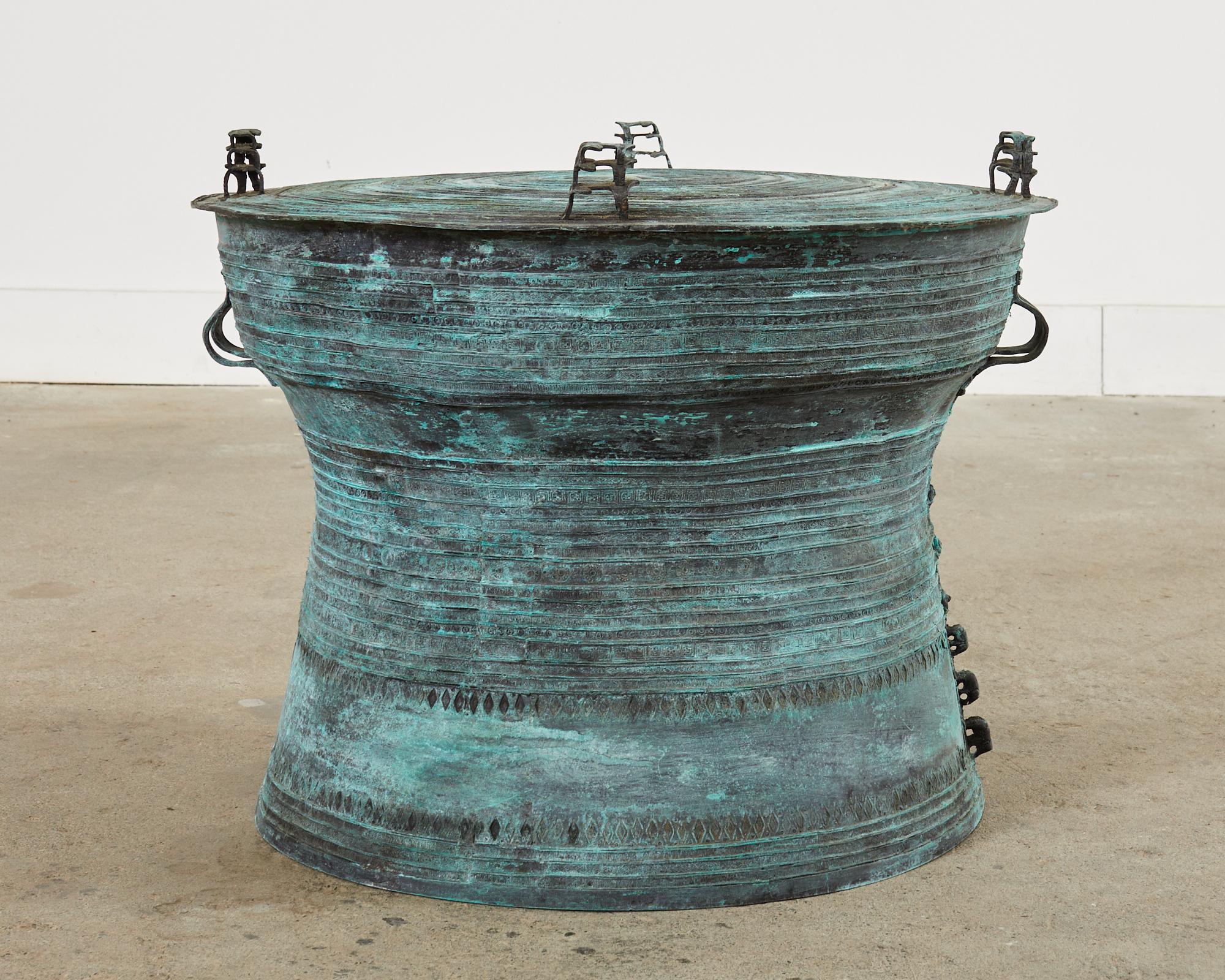 Southeast Asian Bronze Rain Drum Drink Table with Verdigris In Distressed Condition In Rio Vista, CA