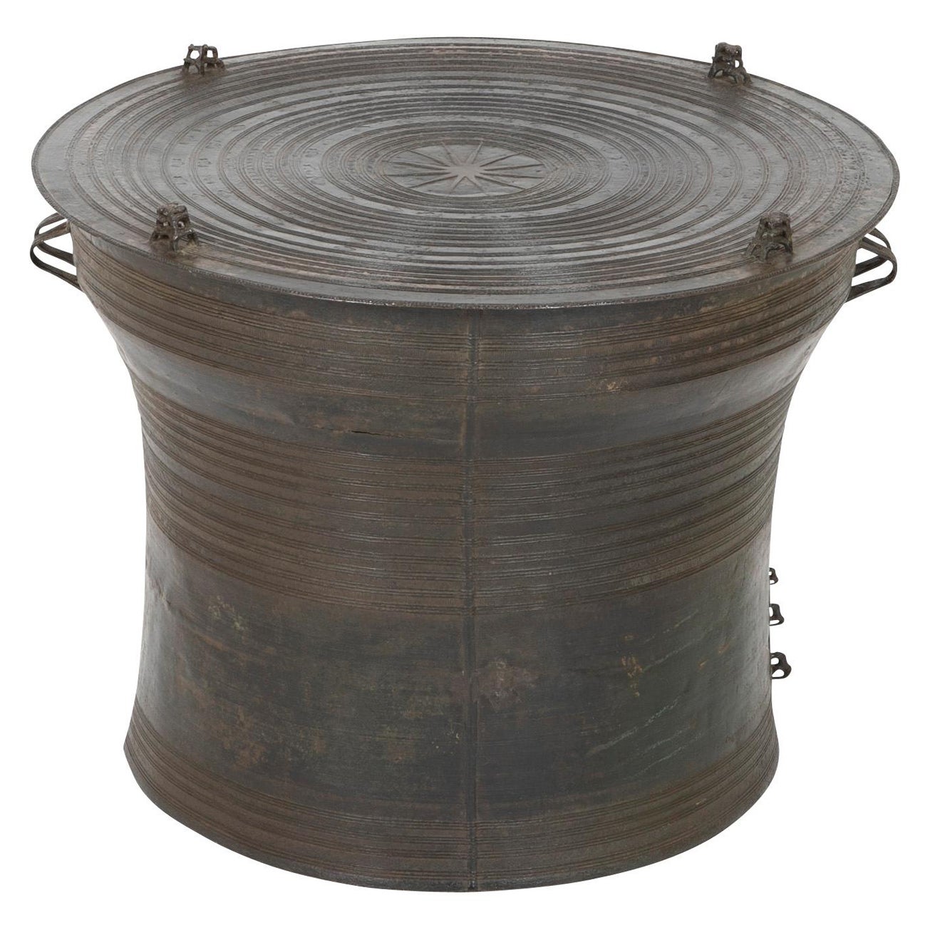 Southeast Asian Bronze Rain Drum with Triple Stacked Piggy-Back Frogs & a Proces