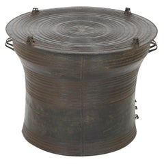 Southeast Asian Bronze Rain Drum with Triple Stacked Piggy-Back Frogs & a Proces