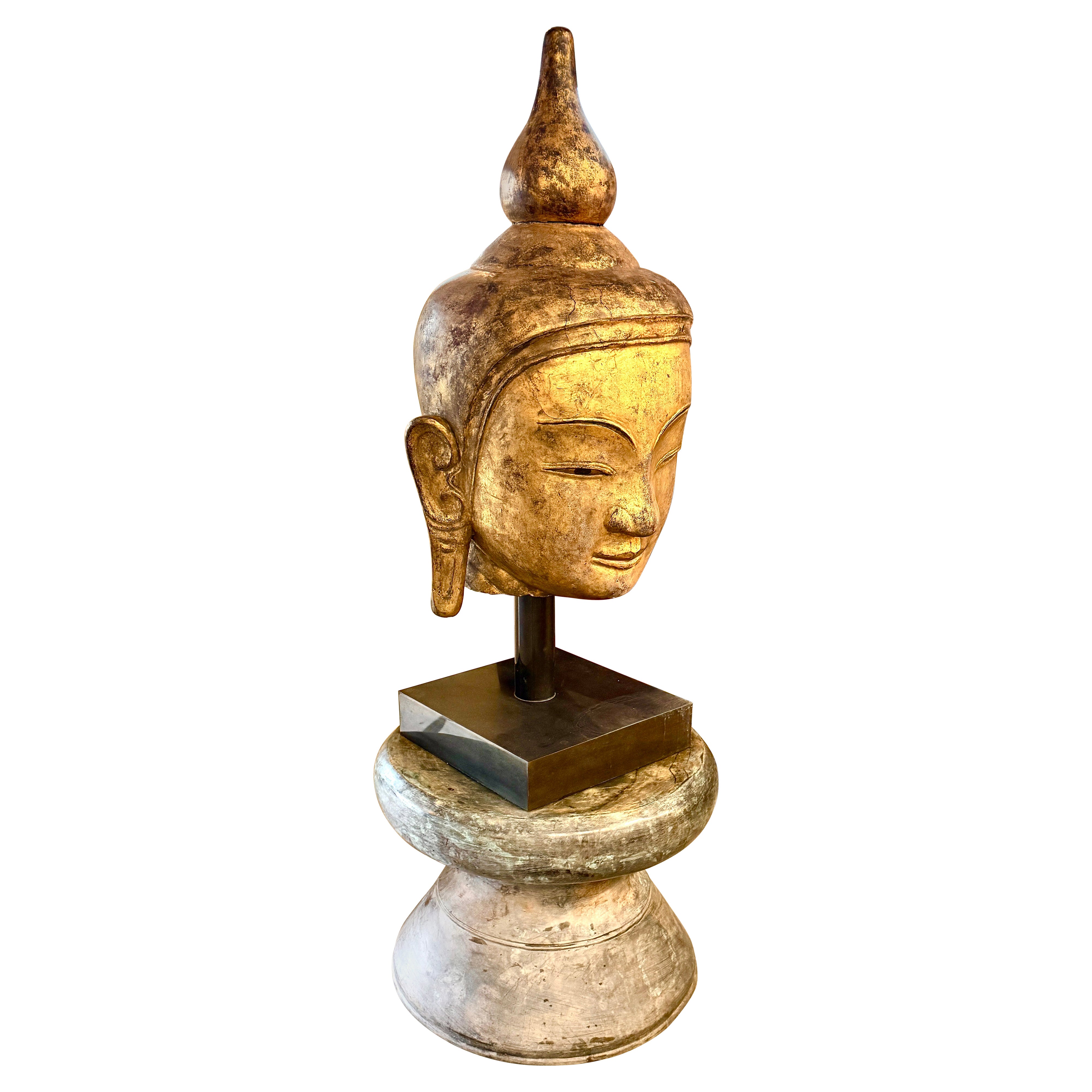 Southeast Asian Gilded Buddha Sculpture on Bronze Rain Drum Base For Sale