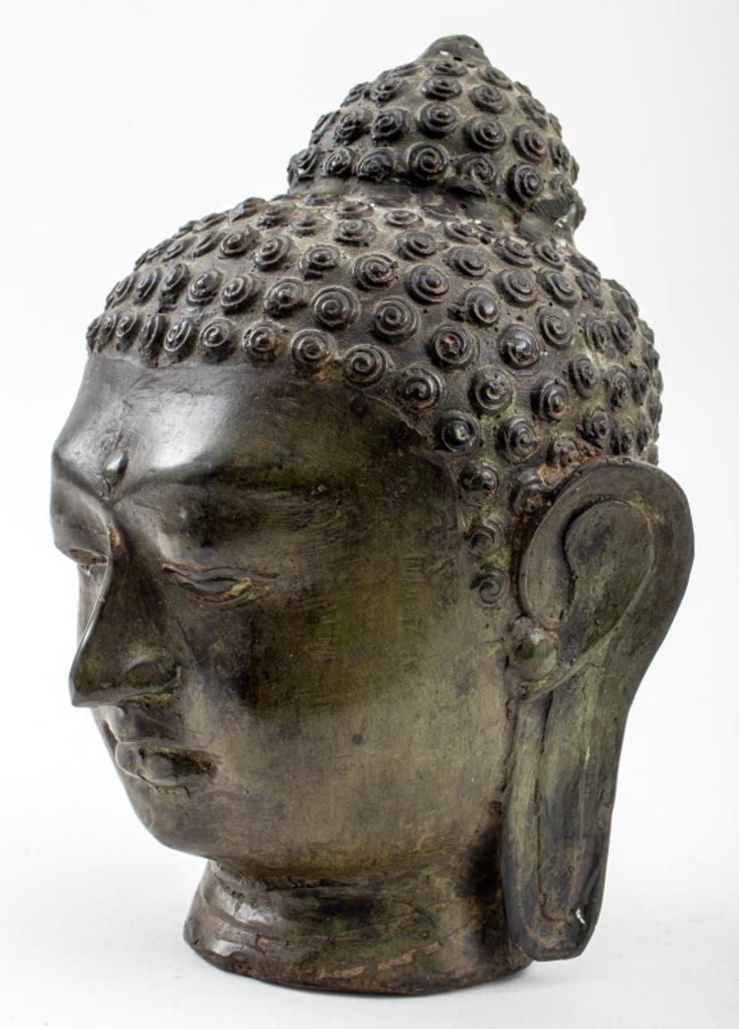 Southeast Asian verdigris patinated bronze Buddha head statue sculpture. 10.75