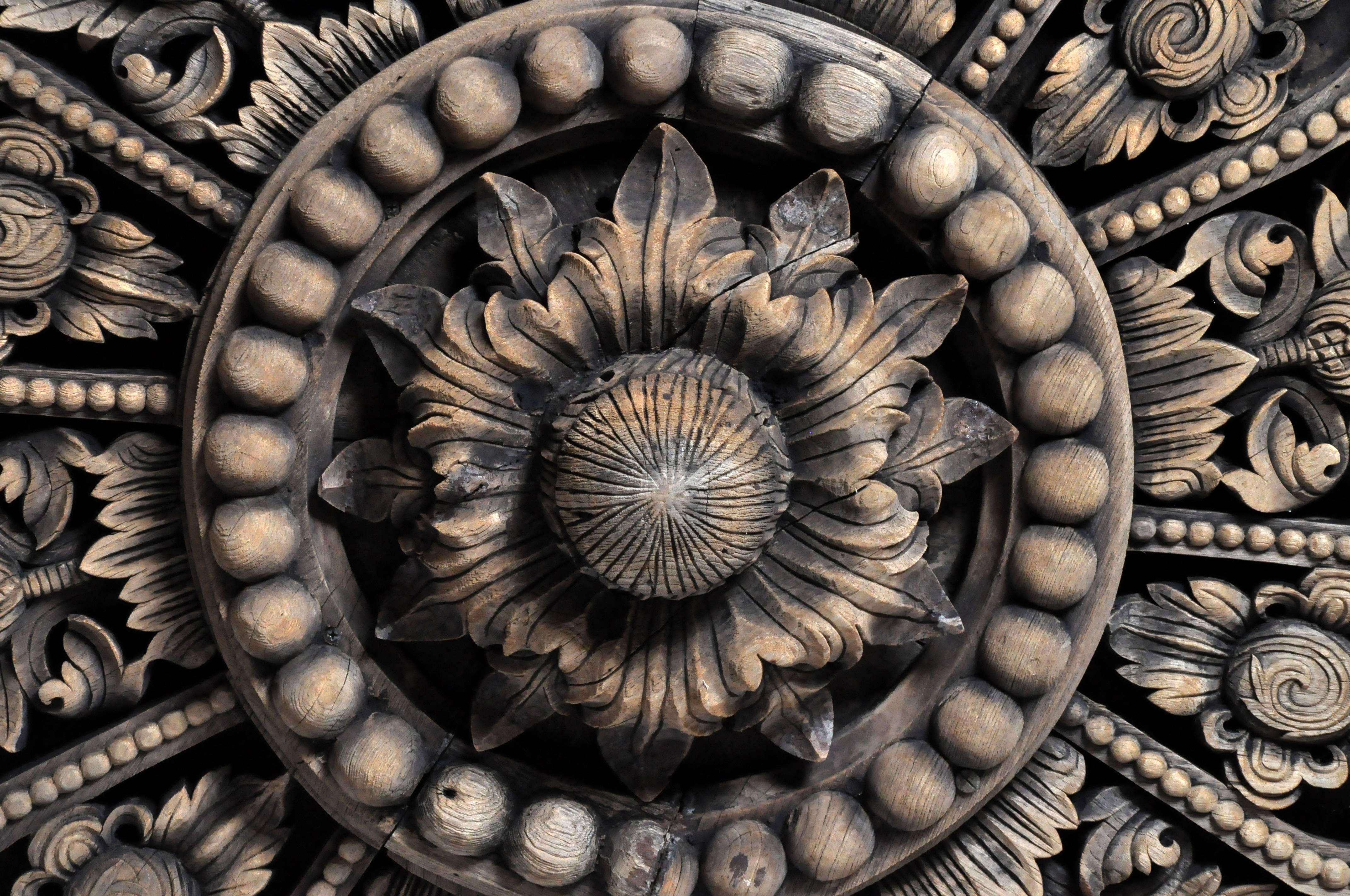 Teak Southeast Asian Round Carved Flower Panel