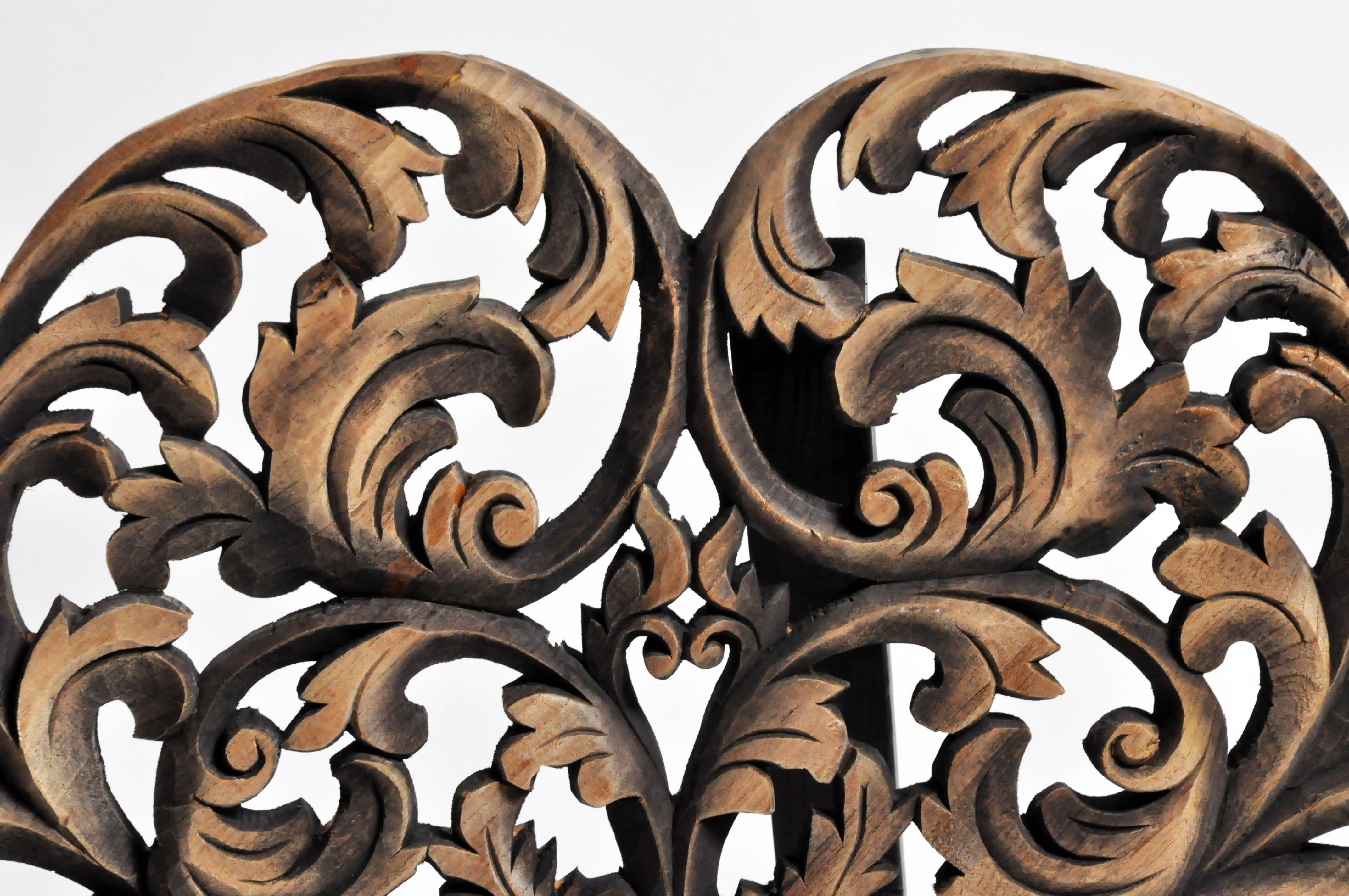 Teak Southeast Asian Round Flower Wood Carving