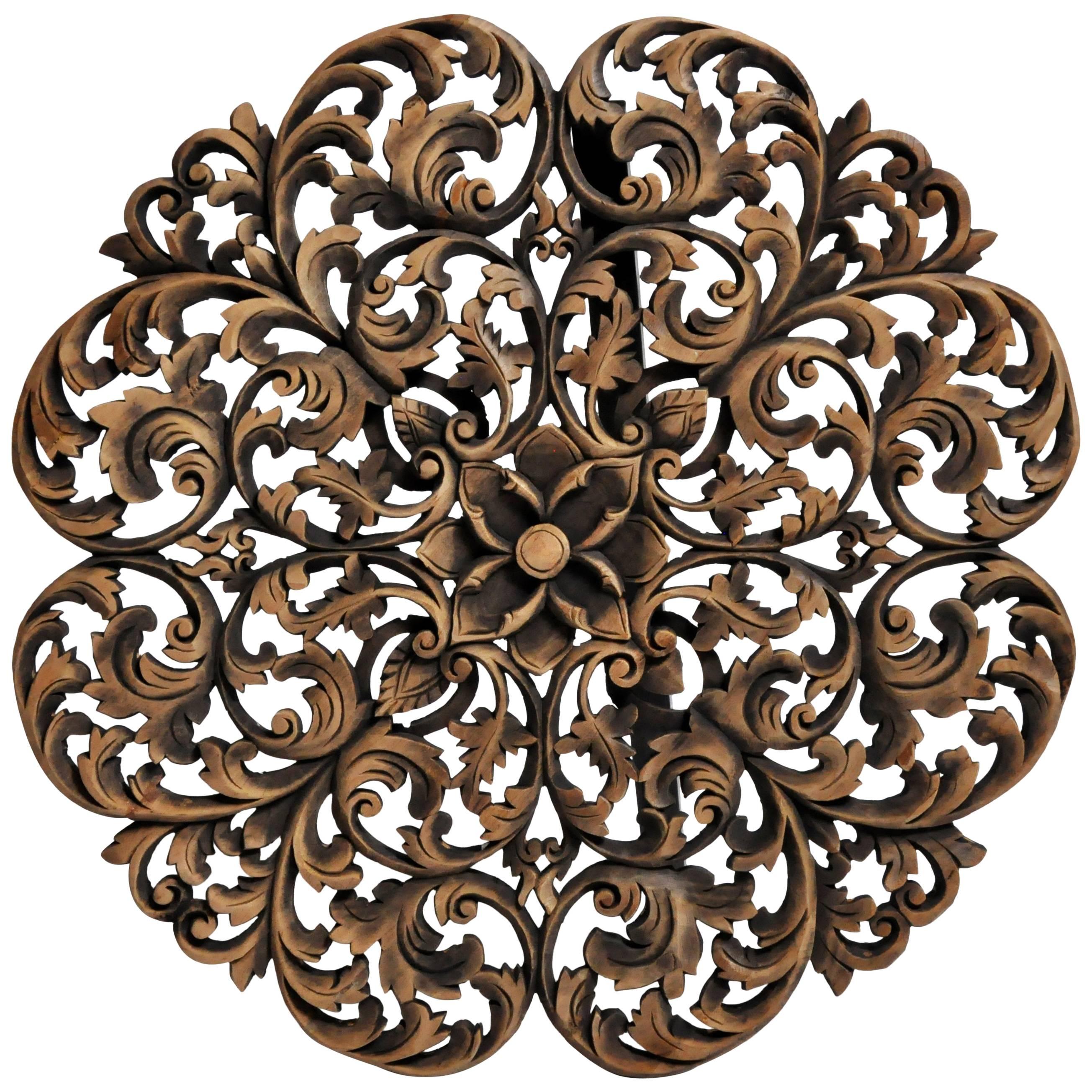 Southeast Asian Round Flower Wood Carving