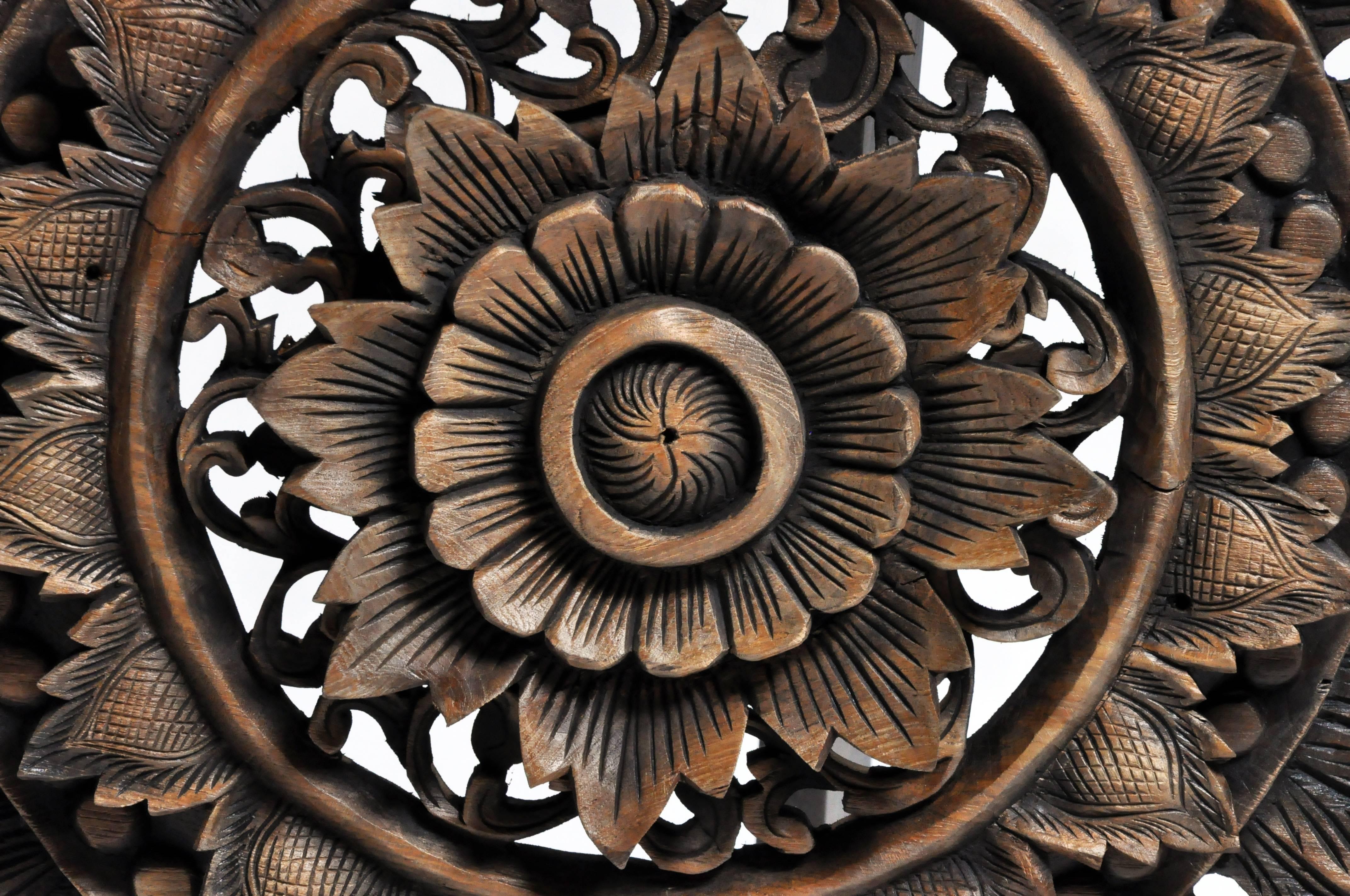 Teak Southeast Asian Round Hand-Carved Lotus Flower Panel