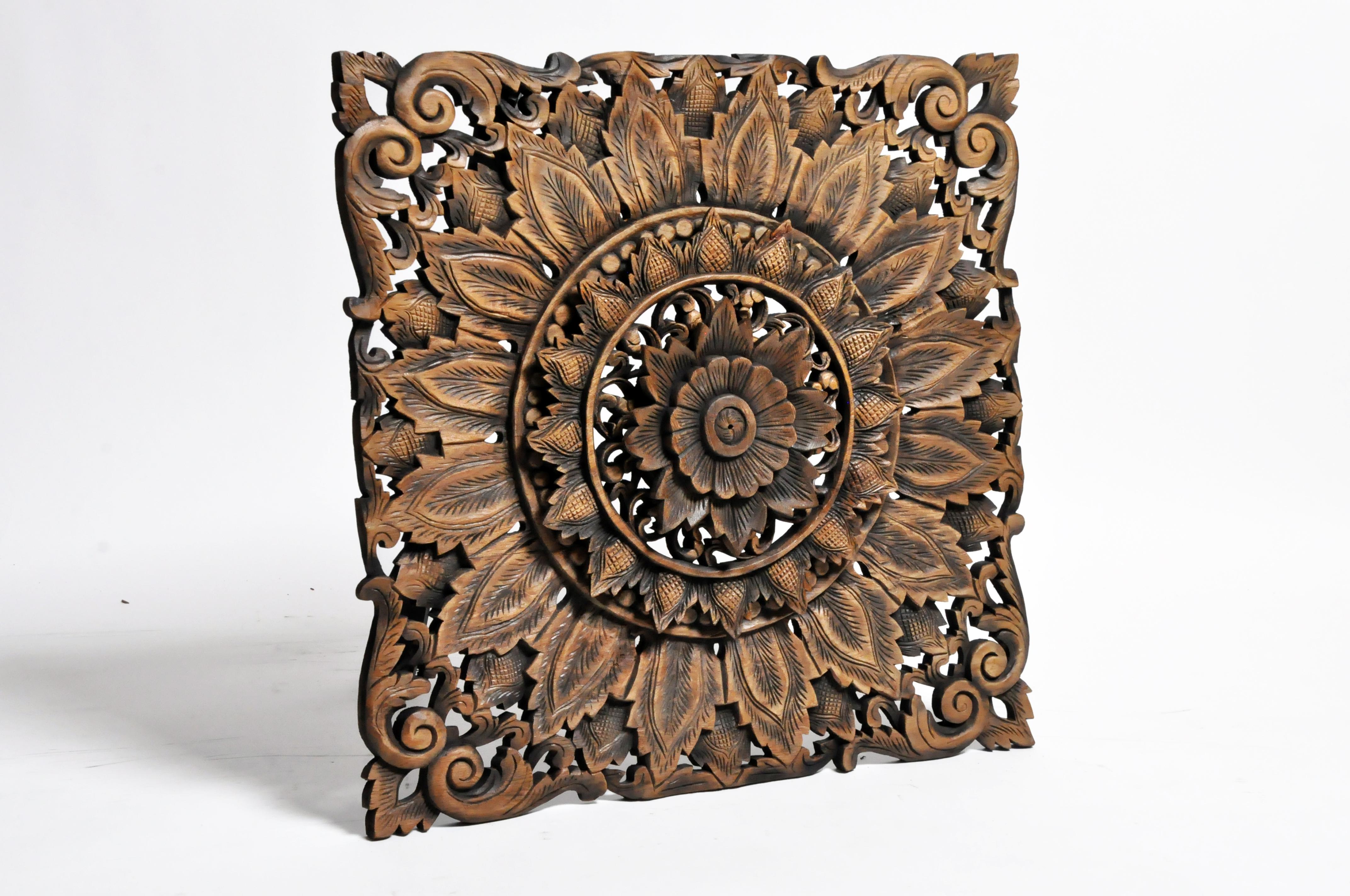 Thai Southeast Asian Square Carved Flower Panel