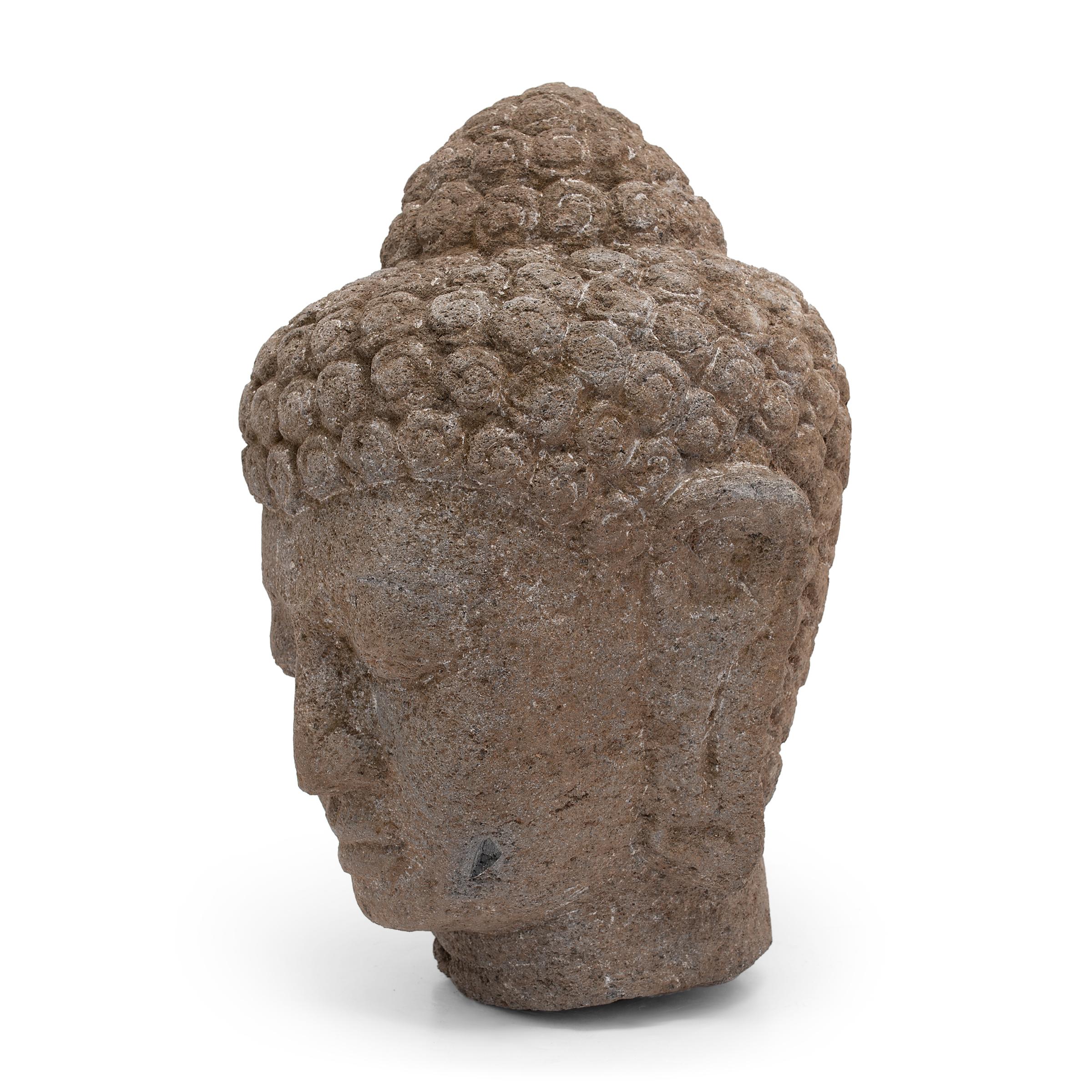 Southeast Asian Stone Shakyamuni Buddha Head In Good Condition For Sale In Chicago, IL