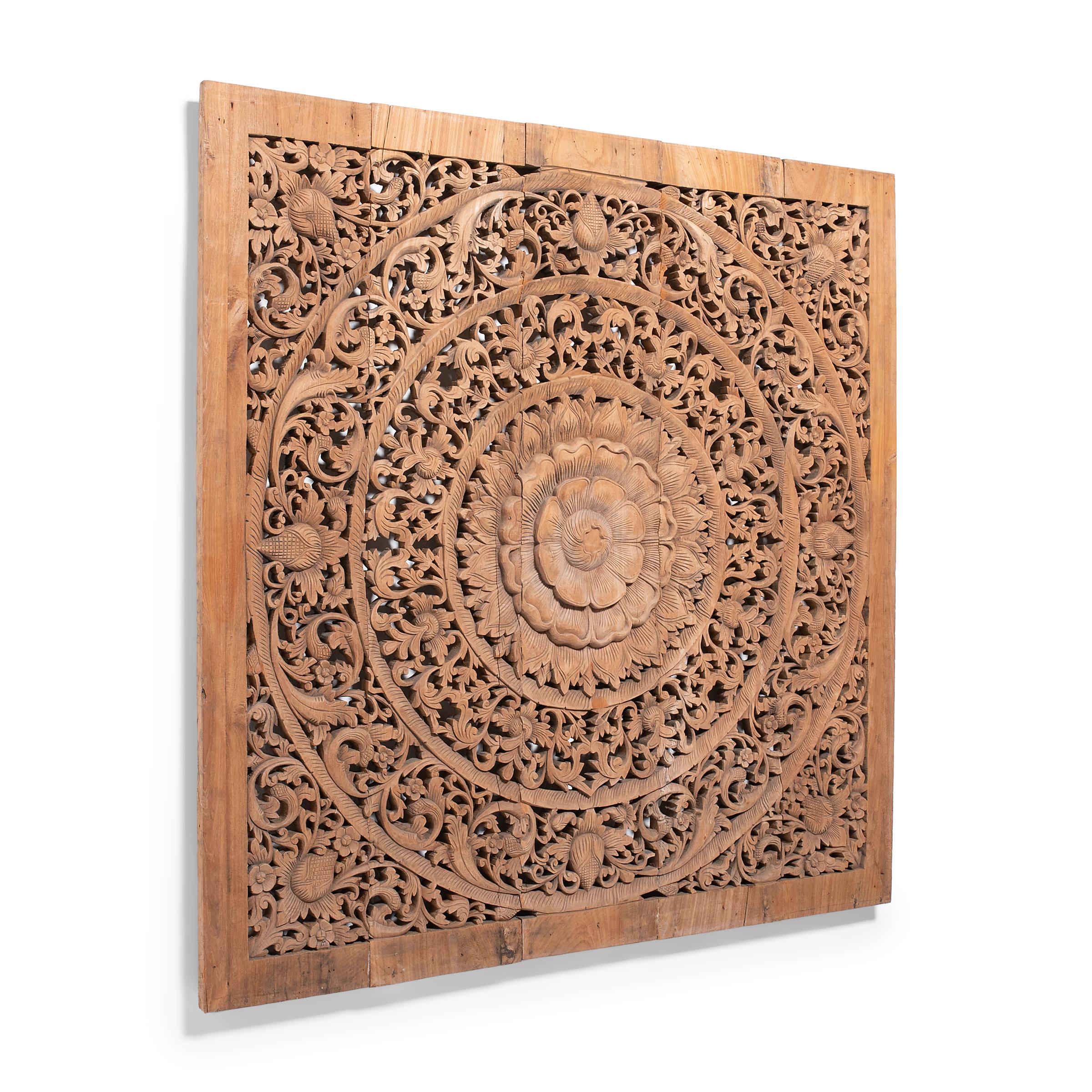 Hand-Carved Southeast Asian Teakwood Mandala Panel