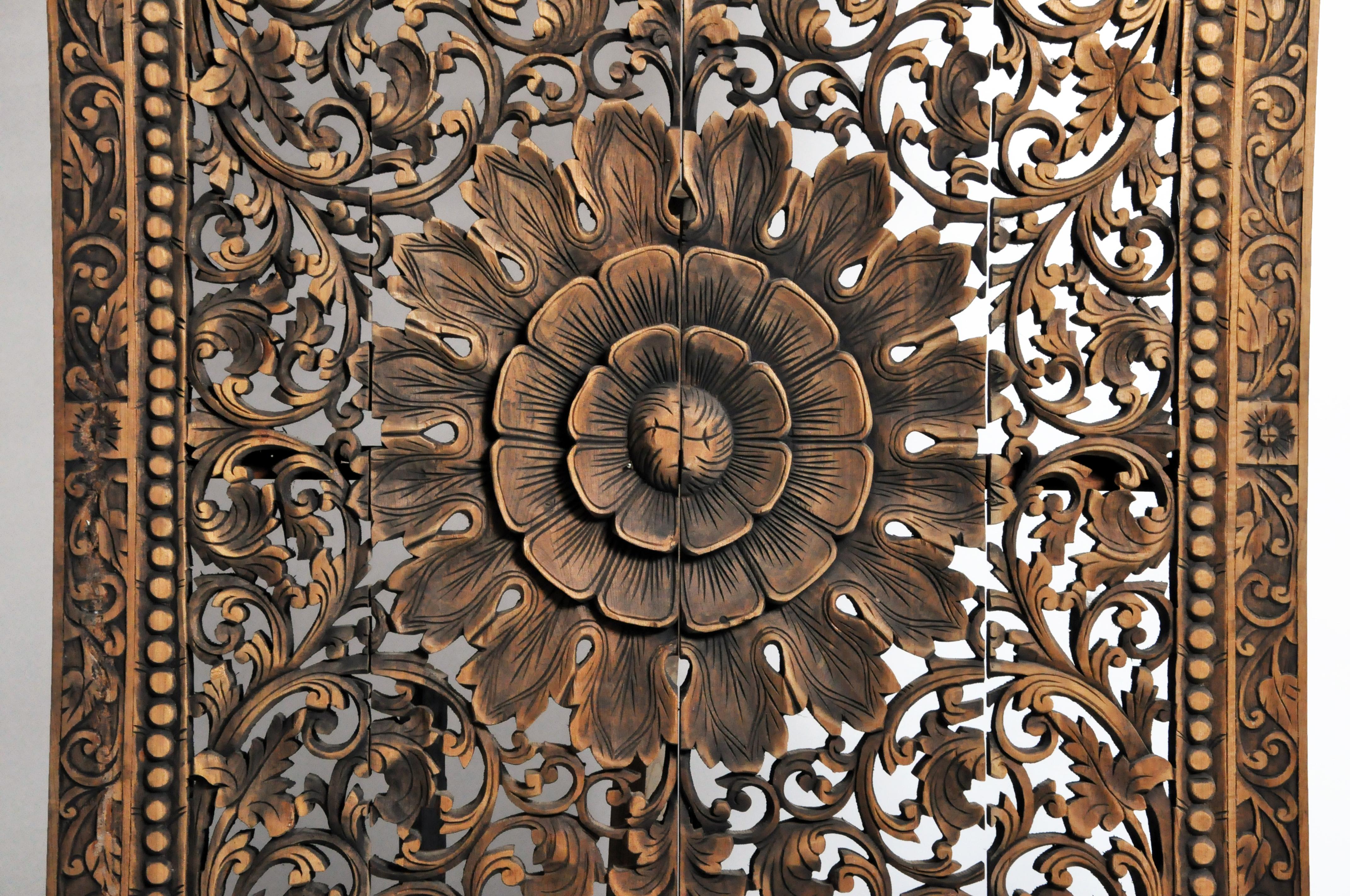 Teak Southeast Asian Wood Carved Flower Panel