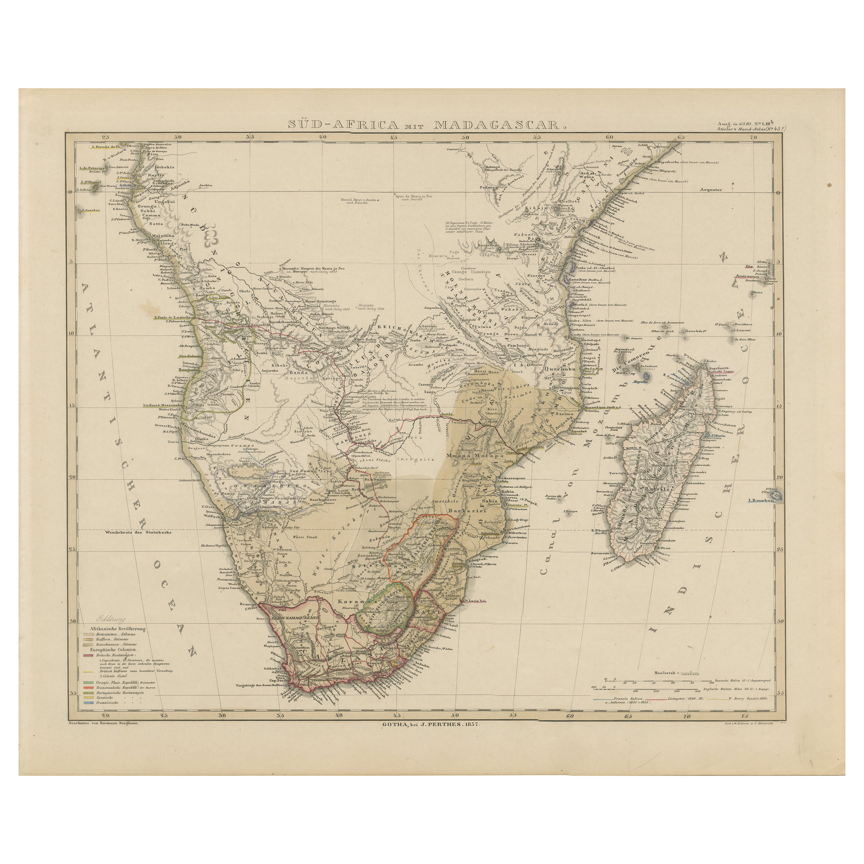 Mappa antica dell'Africa meridionale e del Madagascar - Splendida edizione del 1857 in vendita