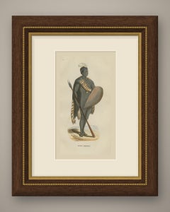 Südafrikanischer Krieger mit Schild und Speer, antiker Druck, 1854