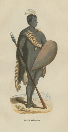 Südafrikanischer Krieger mit Schild und Speer, antiker Druck, 1854