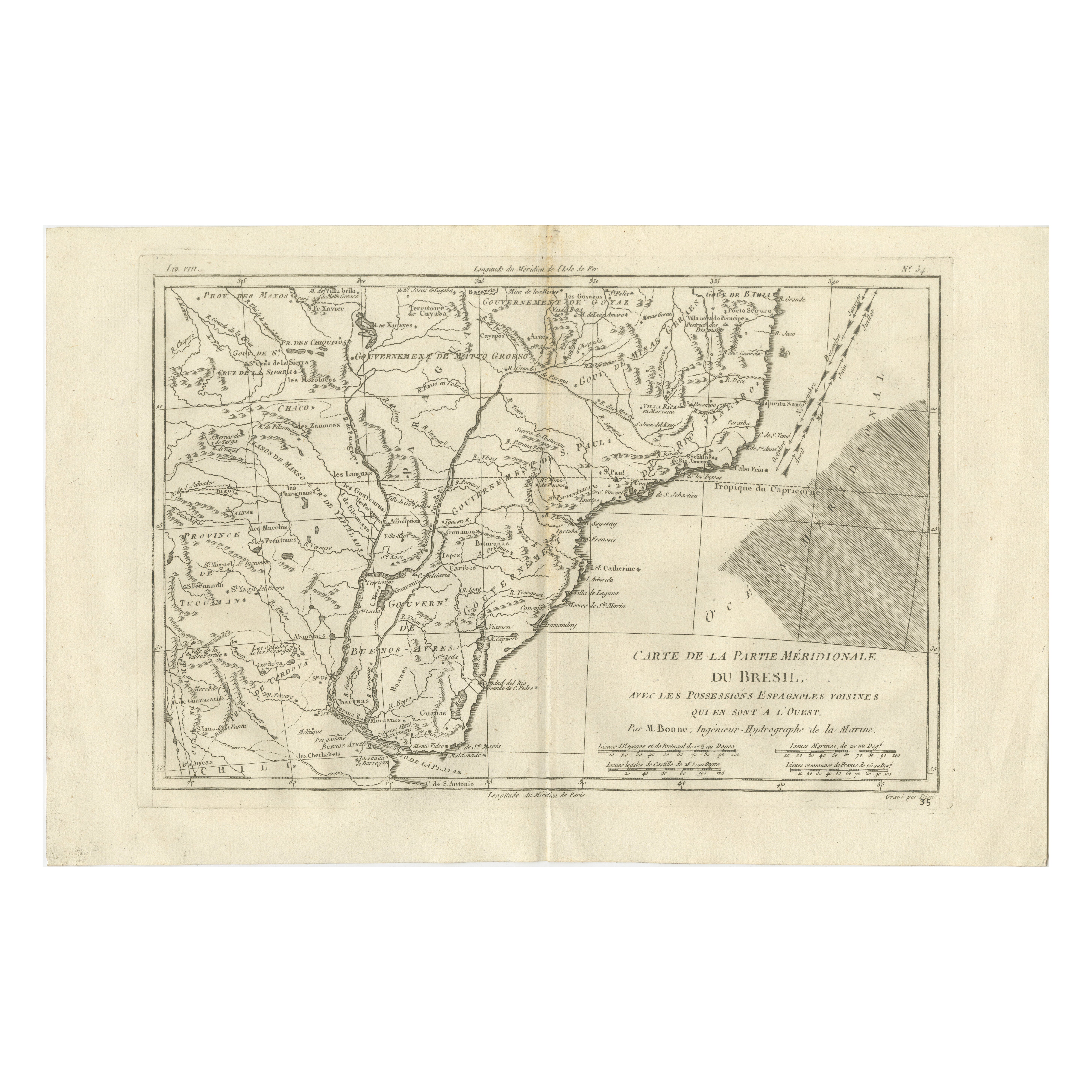 Brésil méridional & Río de la Plata - Carte du siècle des Lumières par Rigobert Bonne, c.1780