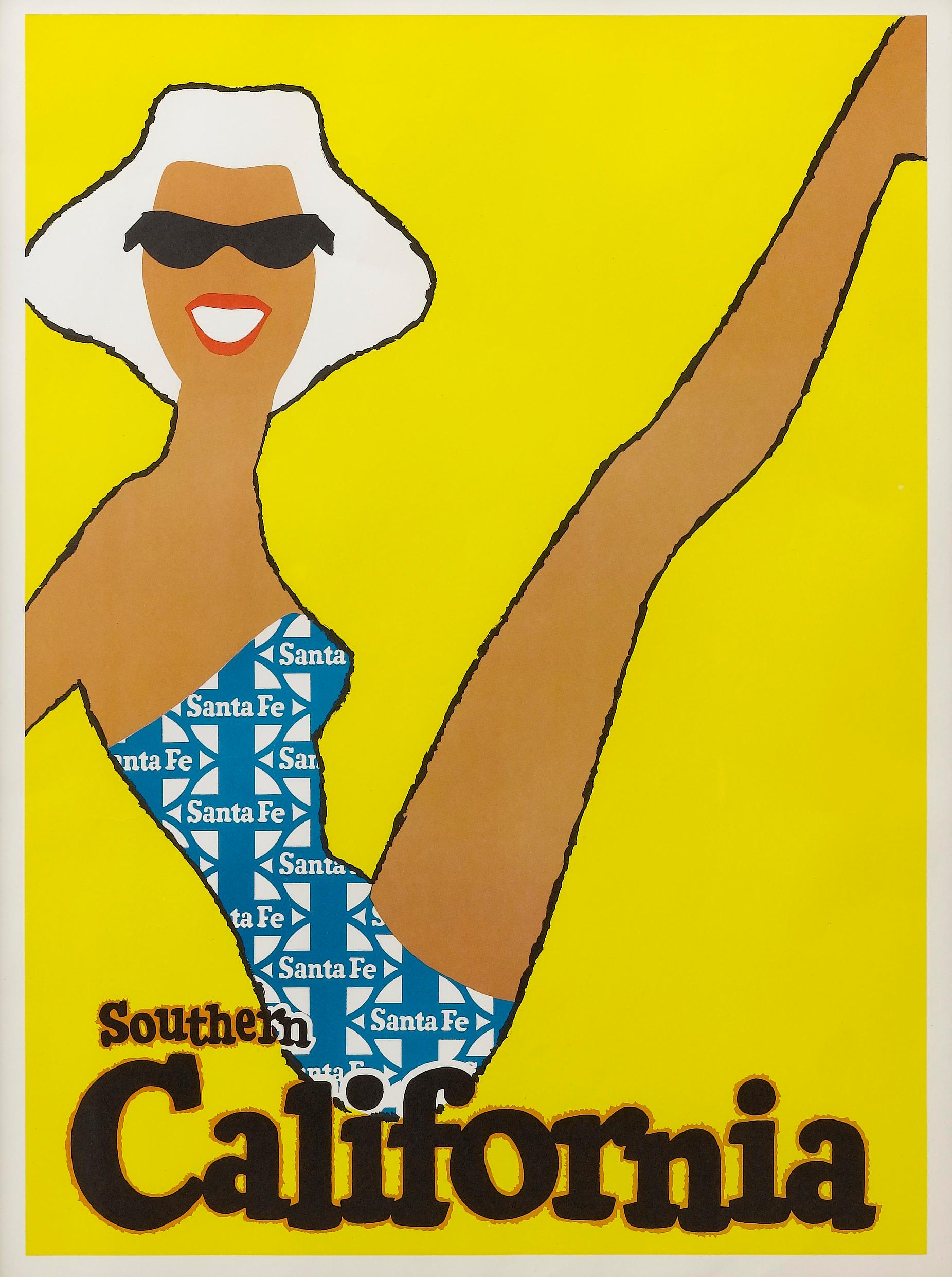 This is a vintage Southern California travel poster for the Santa Fe Southern Railway, printed in the 1950s. This midcentury poster is typical of advertising at the time; it is colorfully vibrant, with simplified but bold graphics. A smiling