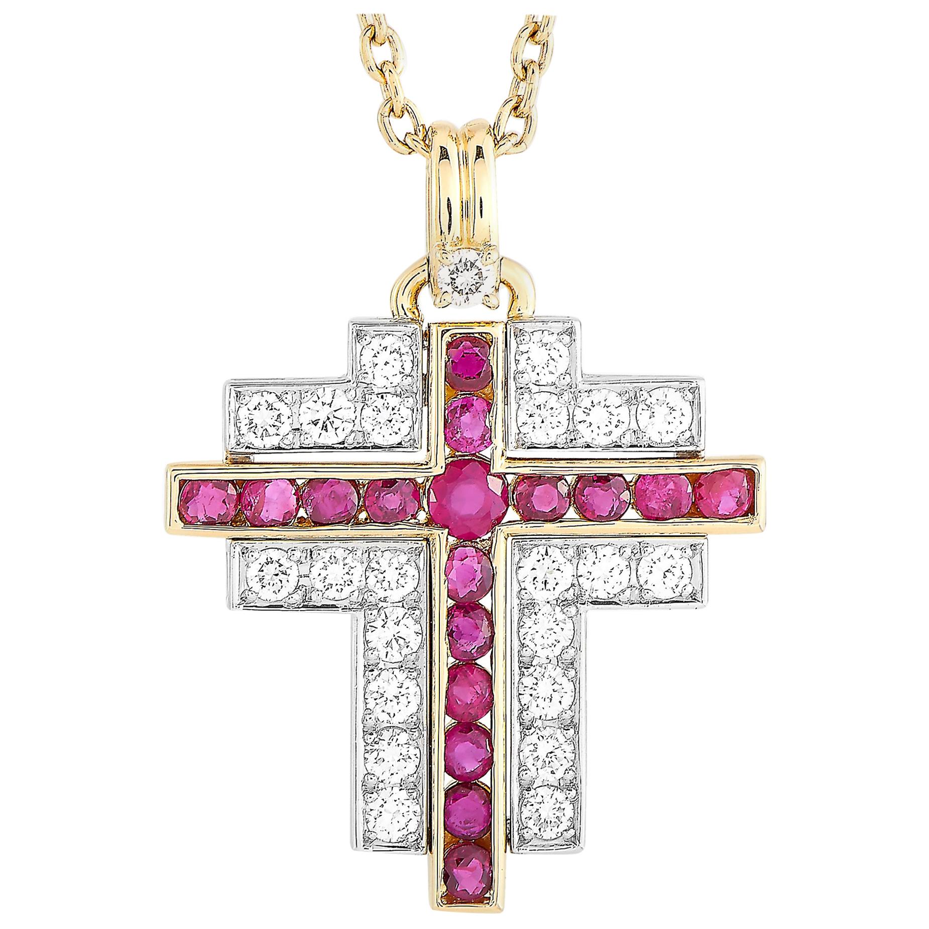 Southern Cross 18K Yellow Gold 1.37 ct Diamond and Ruby Cross Pendant Necklace