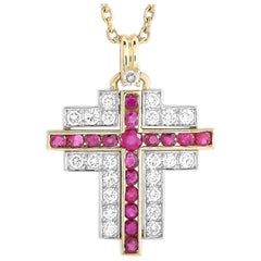 Southern Cross 18K Yellow Gold 1.37 ct Diamond and Ruby Cross Pendant Necklace