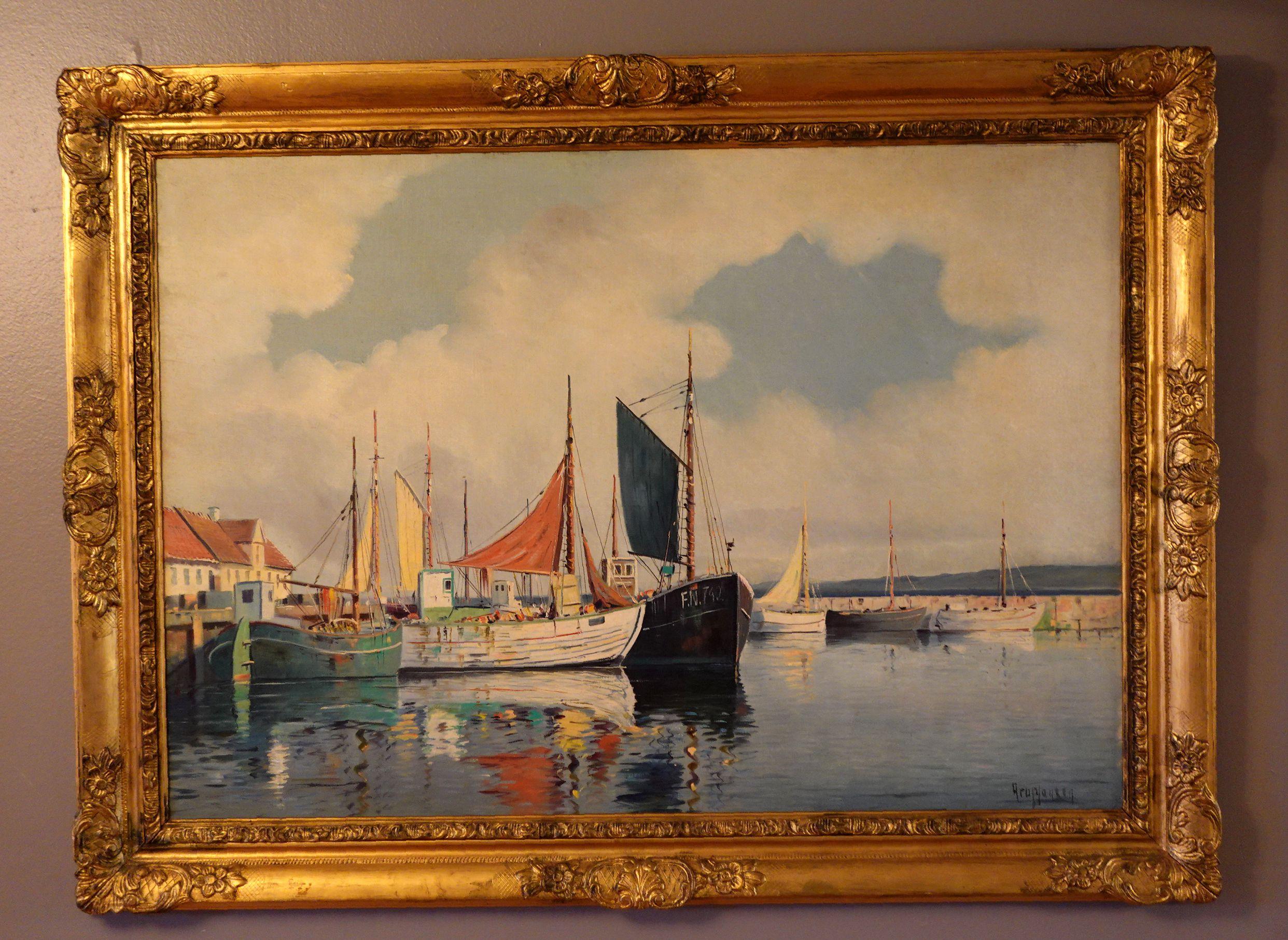 Southern European harbor scene, oil on board, signed indistinctly L/R 