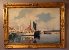 Southern European Harbor Scene, Oil on Board Signed