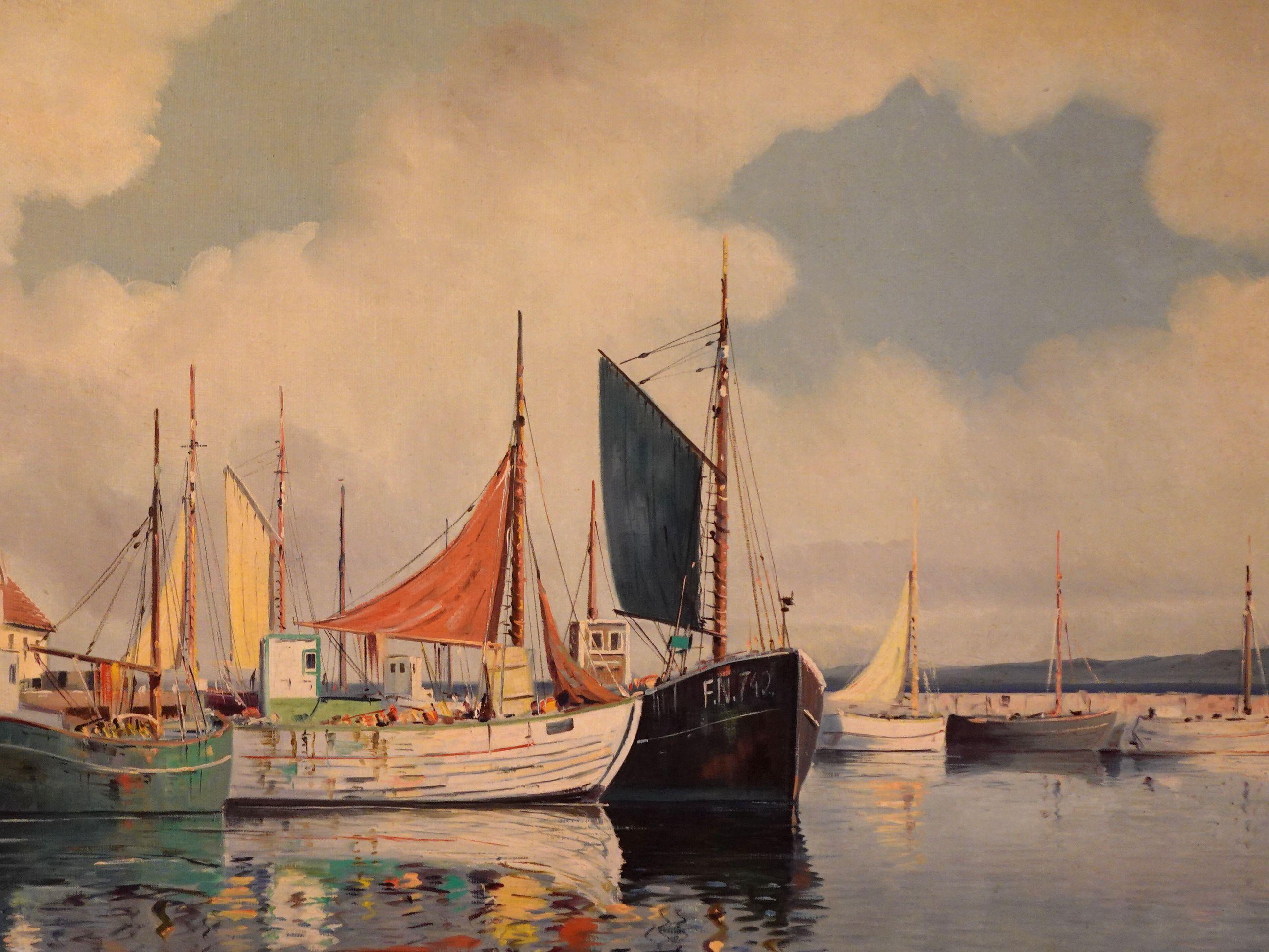 Hand-Painted Southern European Harbor Scene, Oil on Board Signed For Sale