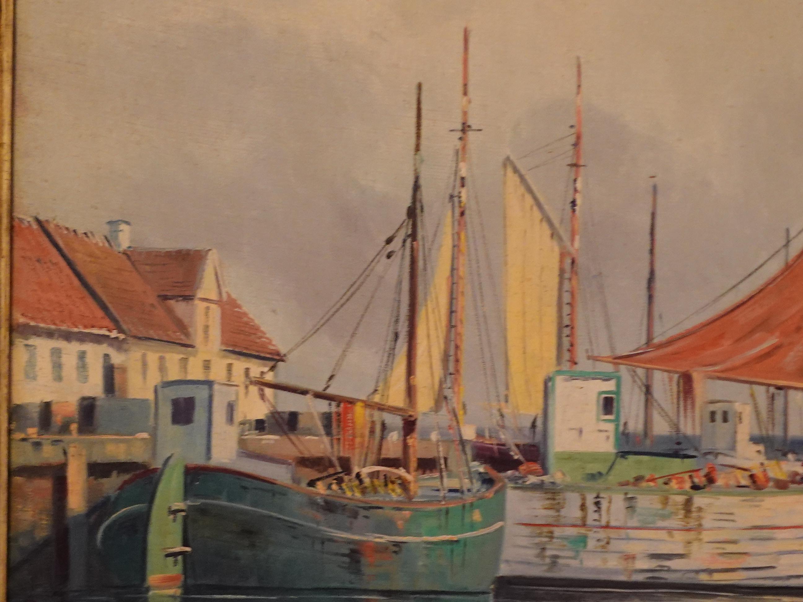 Southern European Harbor Scene, Oil on Board Signed In Good Condition For Sale In Norton, MA