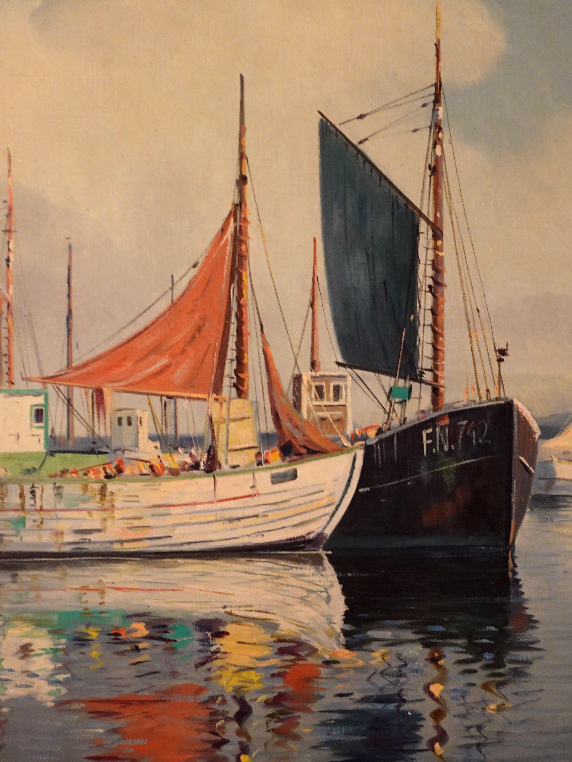 Wood Southern European Harbor Scene, Oil on Board Signed For Sale