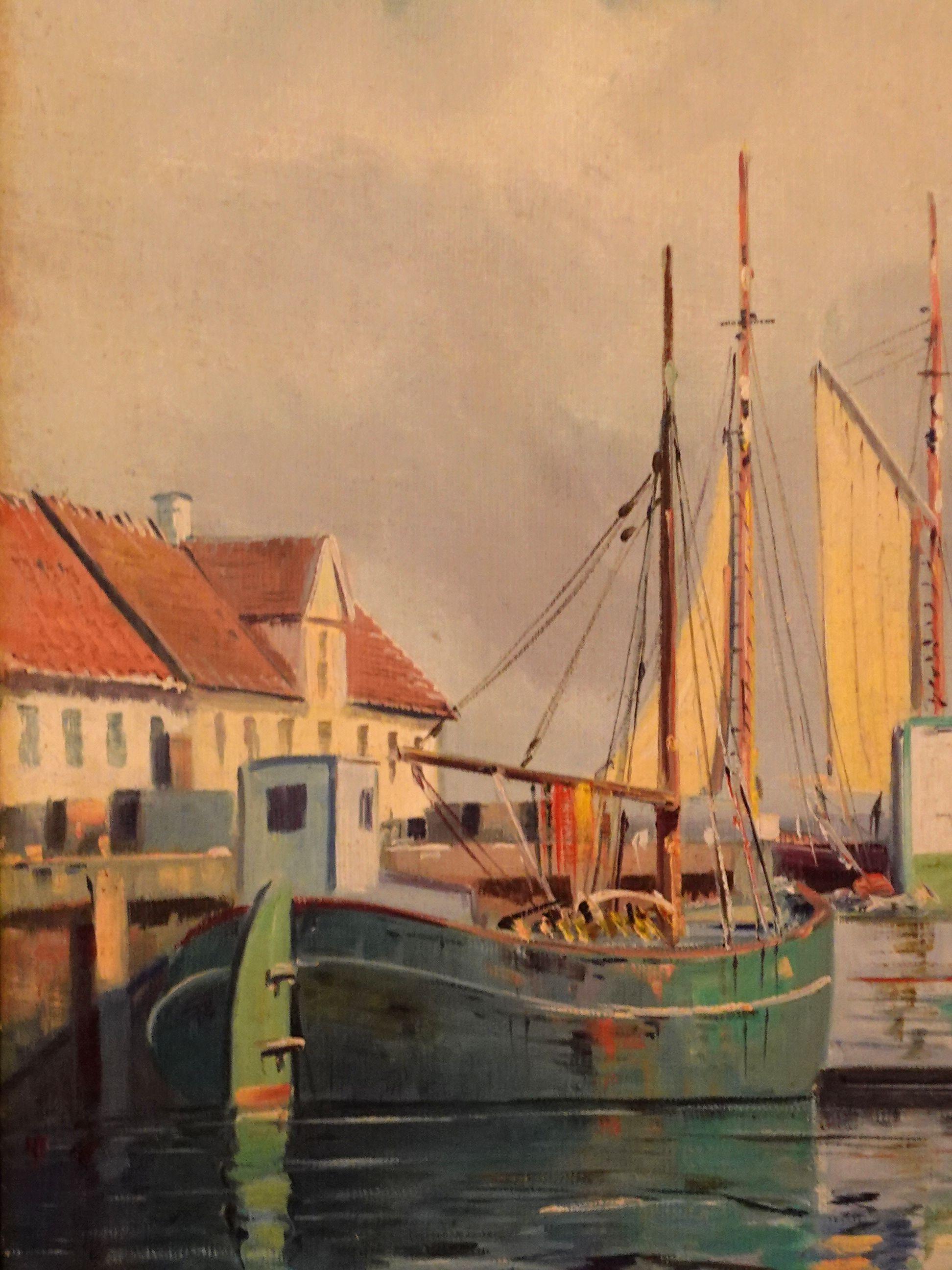 Southern European Harbor Scene, Oil on Board Signed For Sale 2