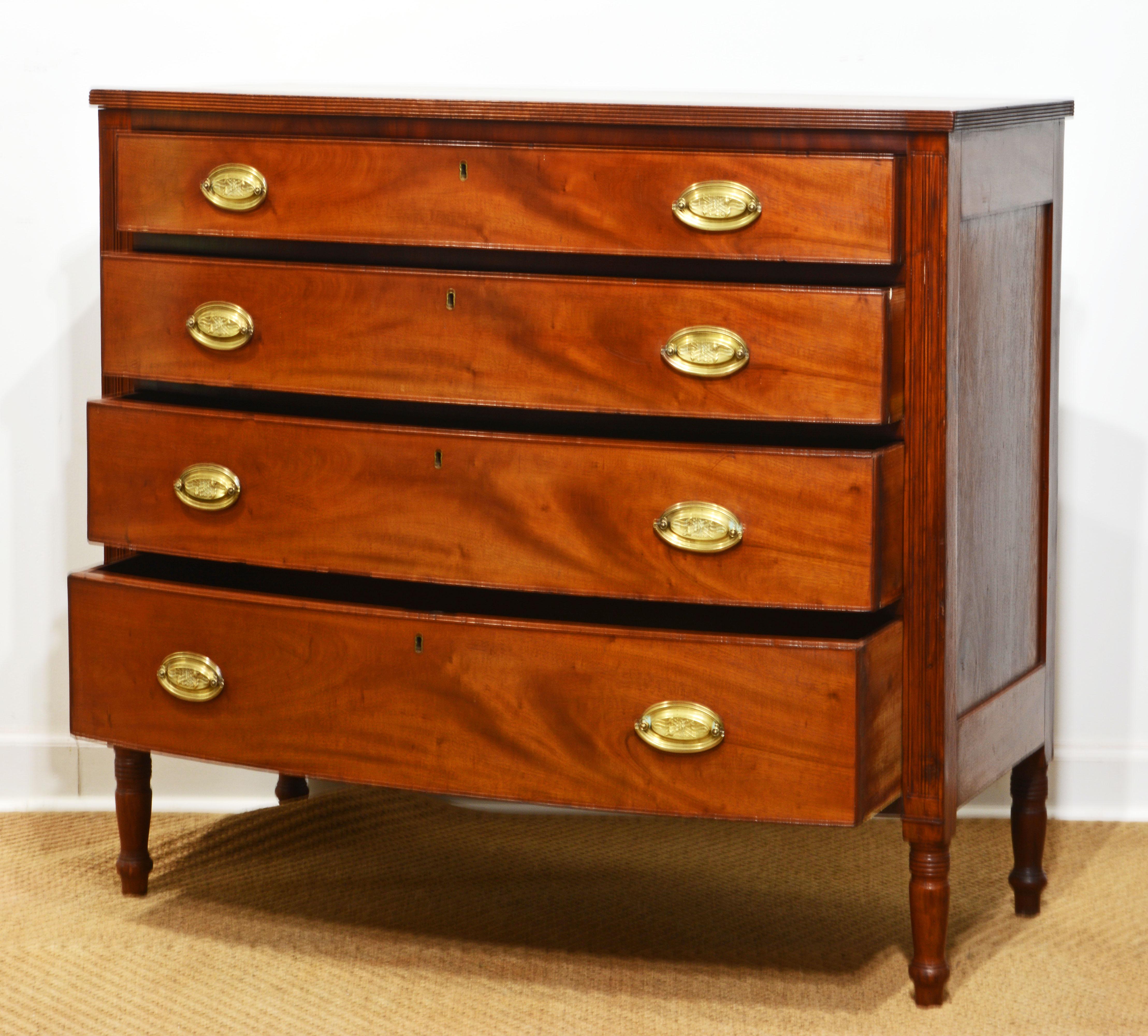 American Southern Federal Walnut and Mahogany Bow Front Chest of Drawers C. 1830