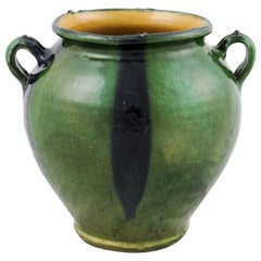 Antique Southern French 1850s Green Glazed Pottery Confit Pot with Two Handles
