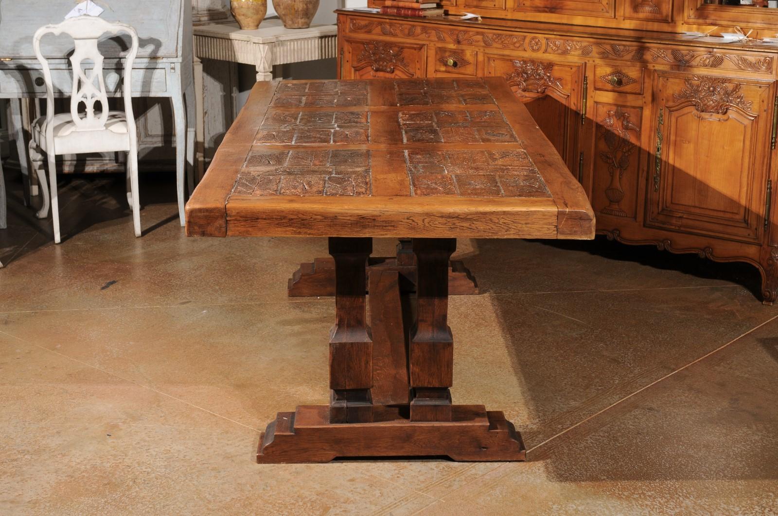 Southern French Brutalist Oak Dining Trestle Table with Terracotta Inset Top For Sale 6