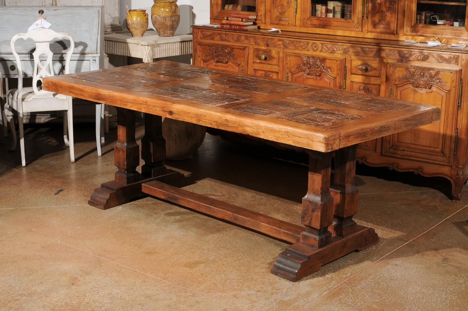 Southern French Brutalist Oak Dining Trestle Table with Terracotta Inset Top For Sale 7