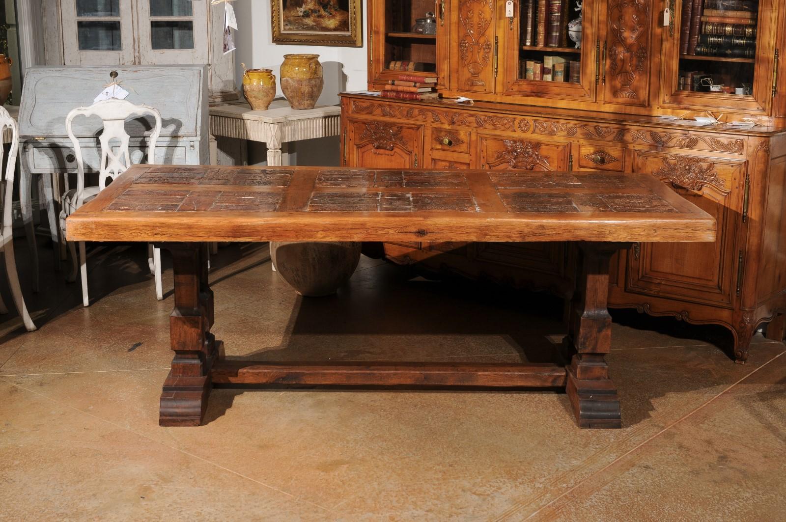 Southern French Brutalist Oak Dining Trestle Table with Terracotta Inset Top For Sale 8