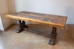 Southern French Brutalist Oak Dining Trestle Table with Terracotta Inset Top
