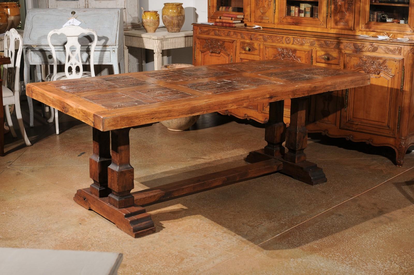 Carved Southern French Brutalist Oak Dining Trestle Table with Terracotta Inset Top For Sale
