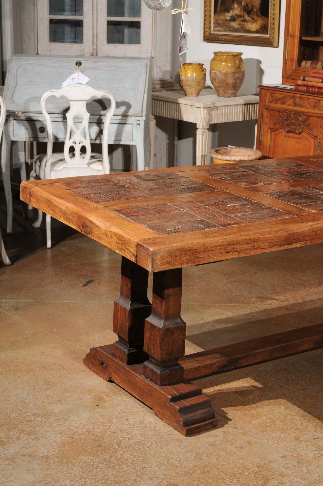 Southern French Brutalist Oak Dining Trestle Table with Terracotta Inset Top In Good Condition For Sale In Atlanta, GA