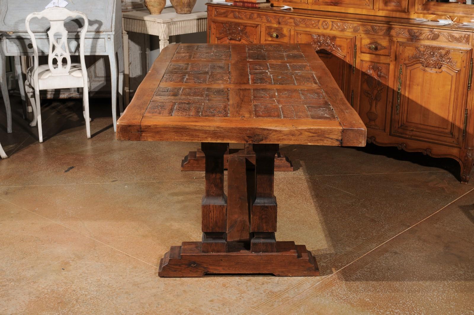 Southern French Brutalist Oak Dining Trestle Table with Terracotta Inset Top For Sale 3