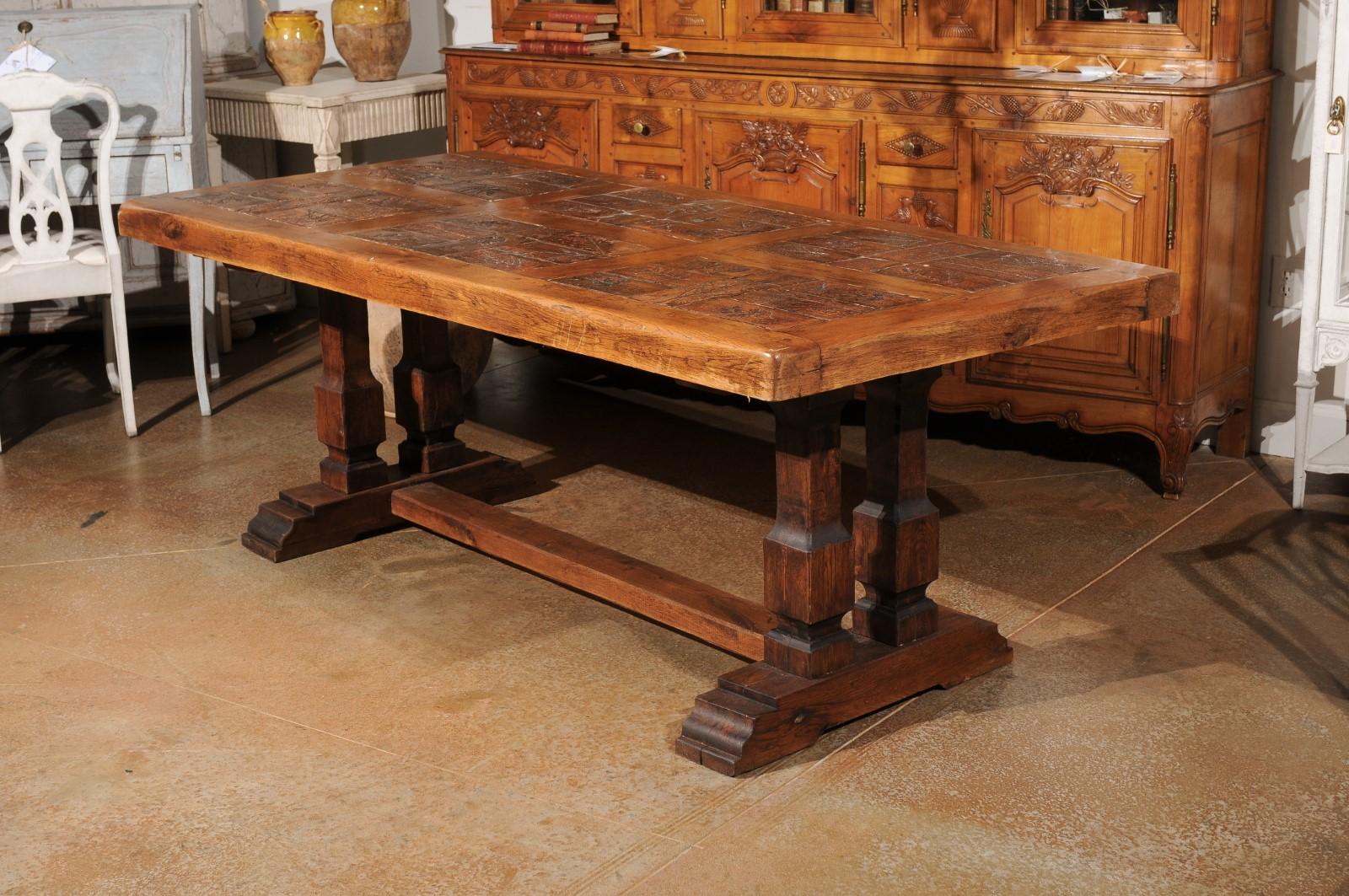 Southern French Brutalist Oak Dining Trestle Table with Terracotta Inset Top For Sale 4