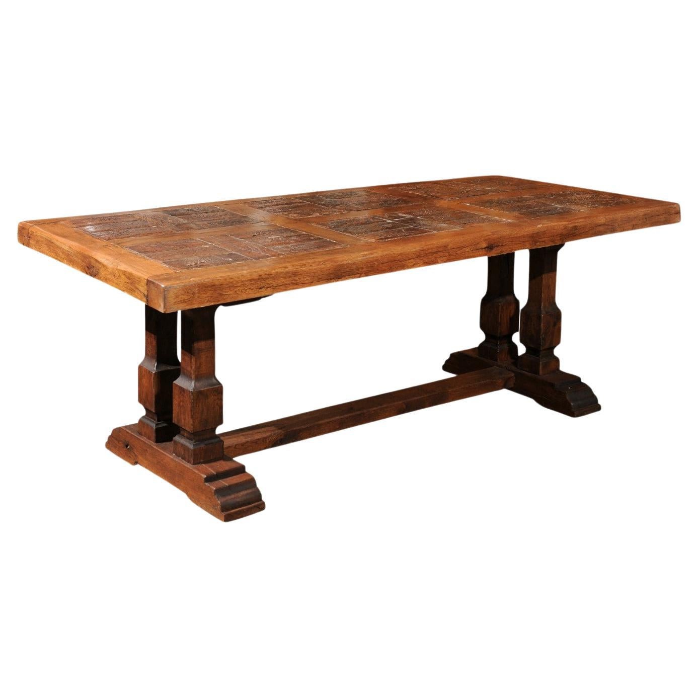 Southern French Brutalist Oak Dining Trestle Table with Terracotta Inset Top For Sale