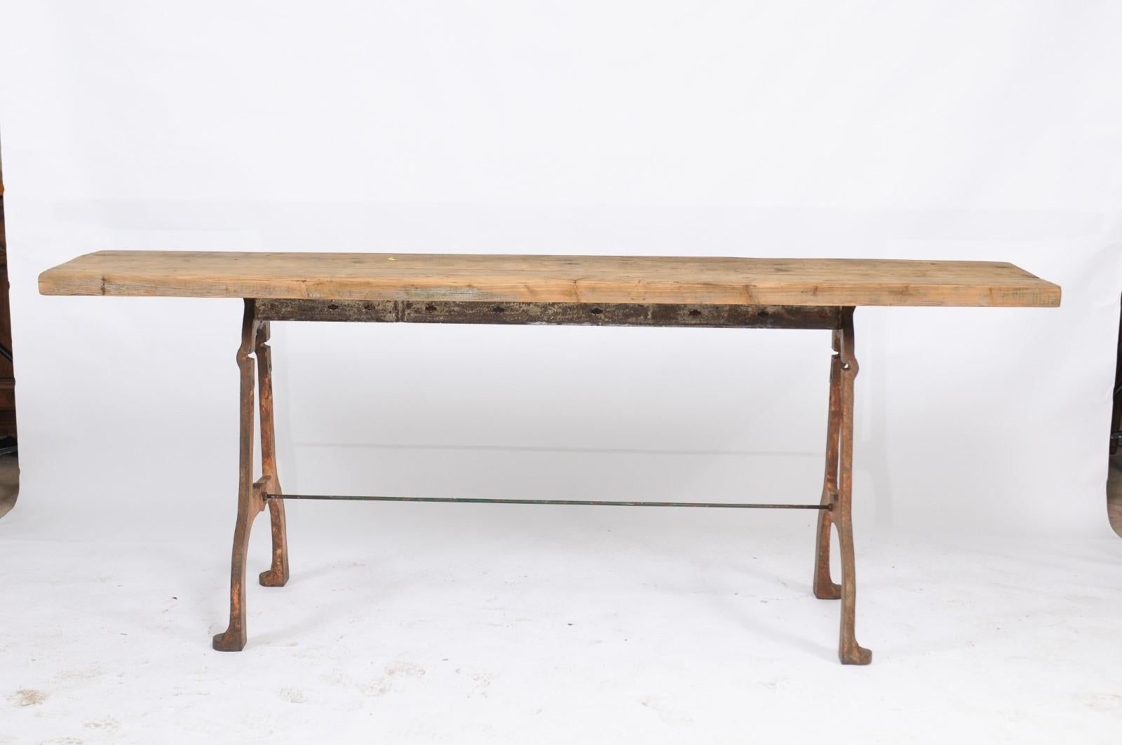 Rustic Southern French Long Iron and Oak Rectangular Console Table from the 1940s