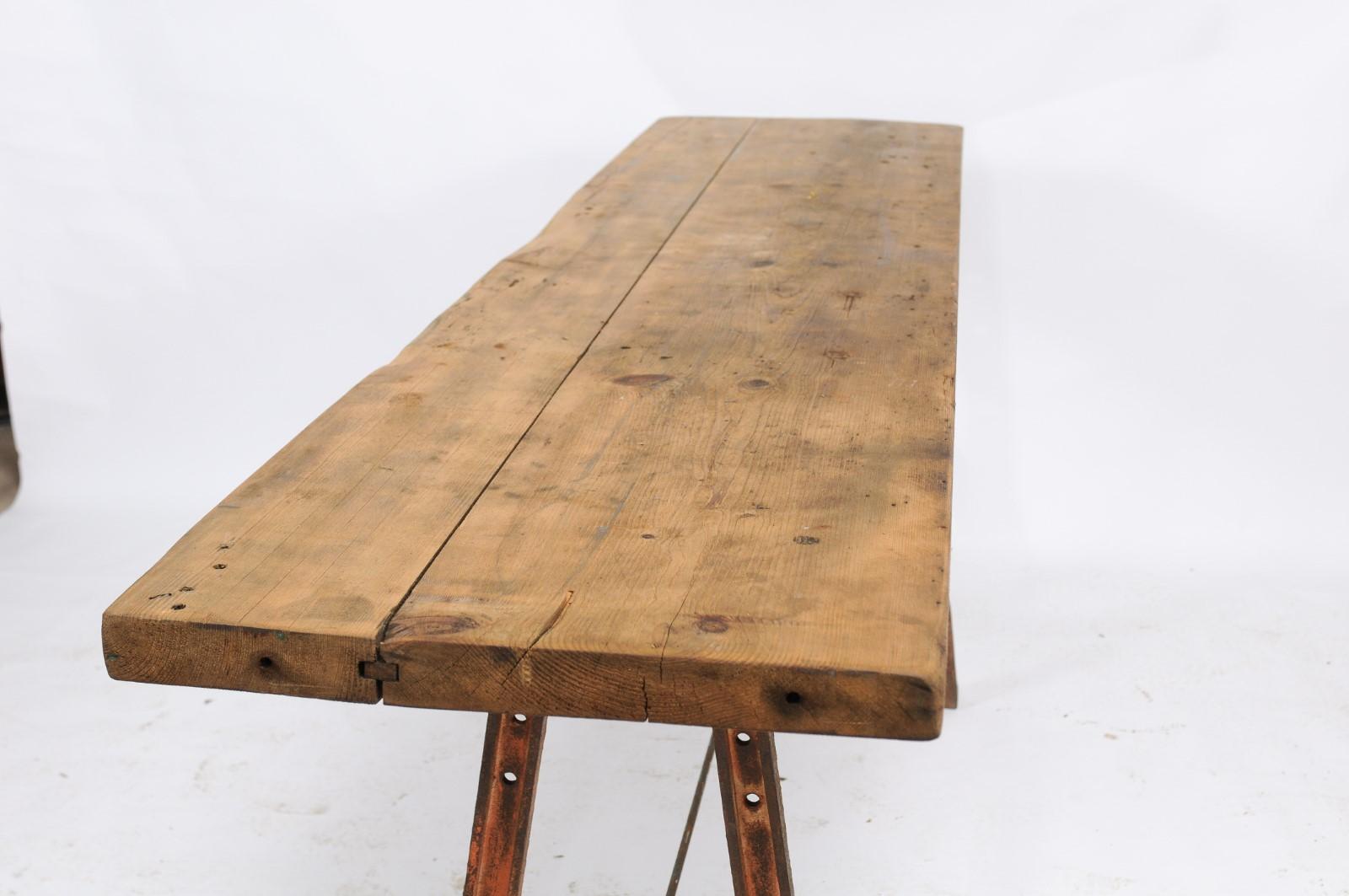 Southern French Long Iron and Oak Rectangular Console Table from the 1940s In Good Condition In Atlanta, GA