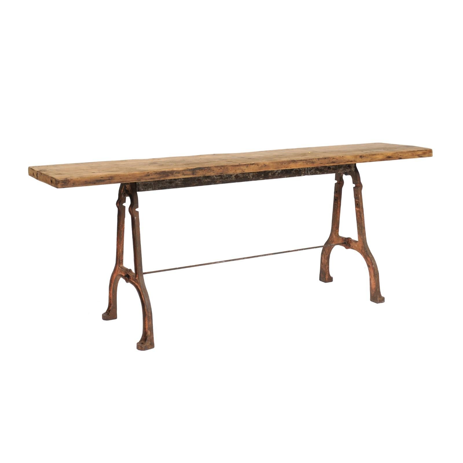 Southern French Long Iron and Oak Rectangular Console Table from the 1940s