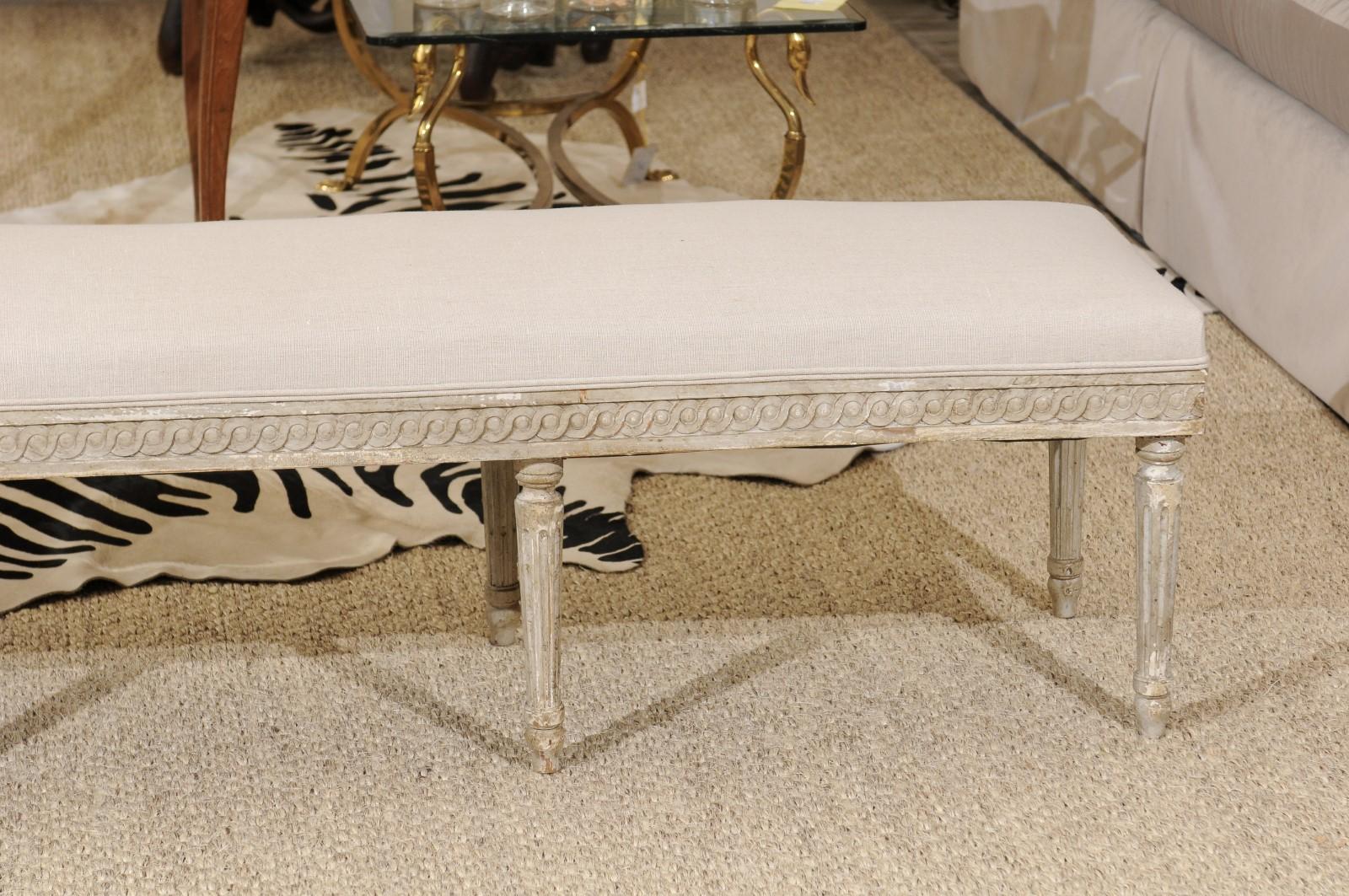 Southern French Louis XVI Style 1930s Upholstered Bench with Guilloche Motifs 7