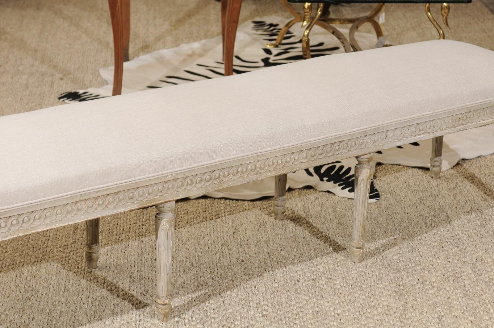 20th Century Southern French Louis XVI Style 1930s Upholstered Bench with Guilloche Motifs