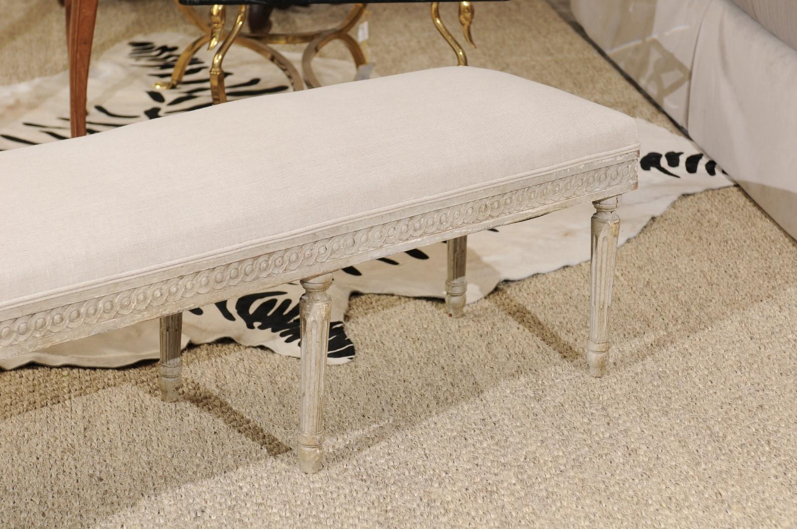 Wood Southern French Louis XVI Style 1930s Upholstered Bench with Guilloche Motifs