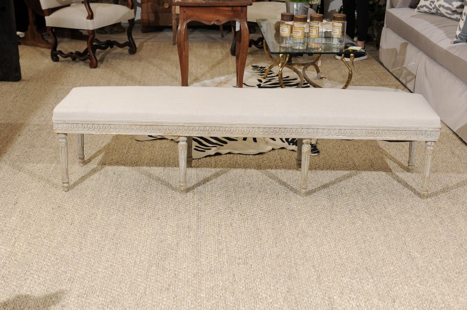 Southern French Louis XVI Style 1930s Upholstered Bench with Guilloche Motifs 1