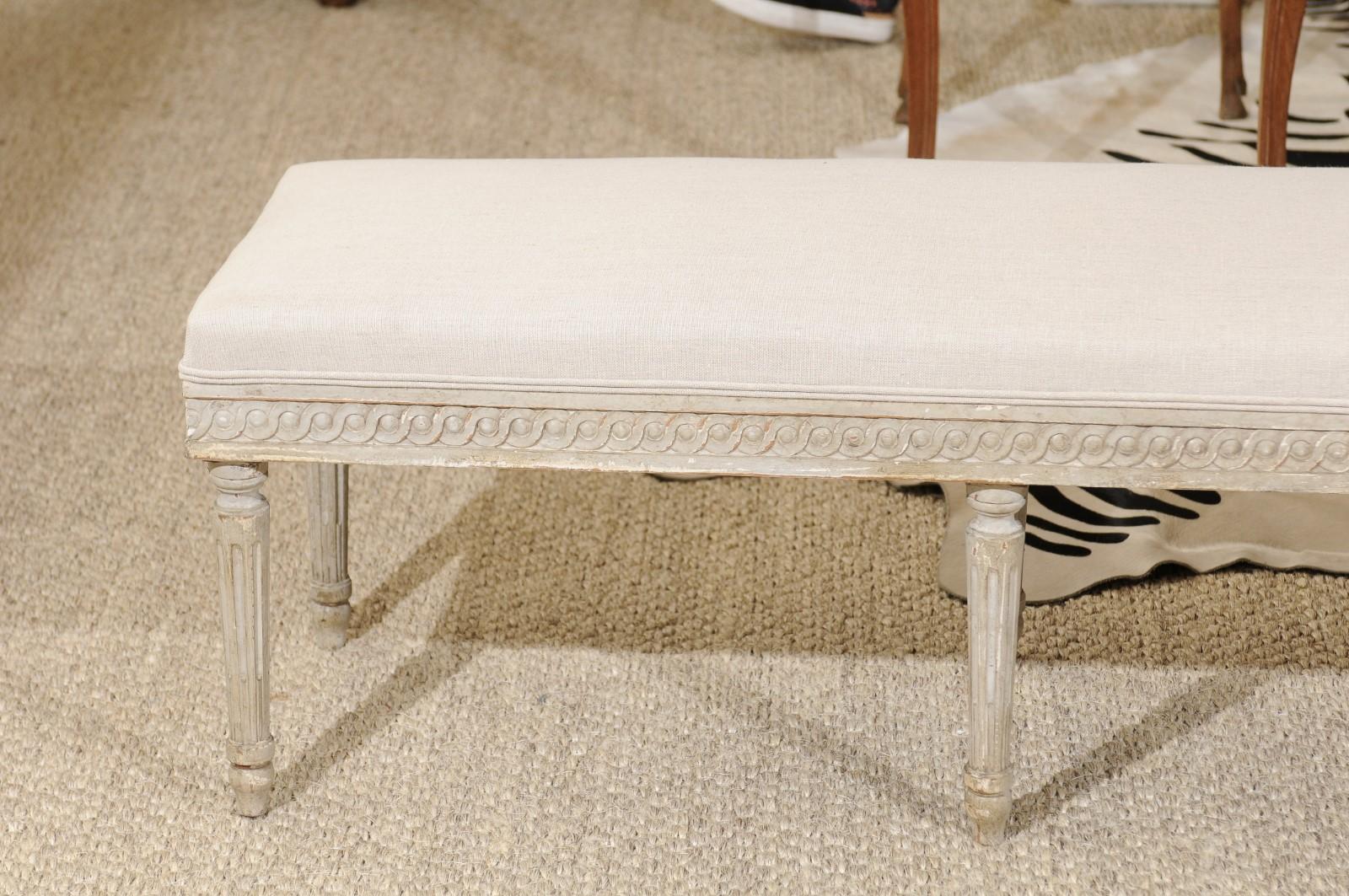 Southern French Louis XVI Style 1930s Upholstered Bench with Guilloche Motifs 2